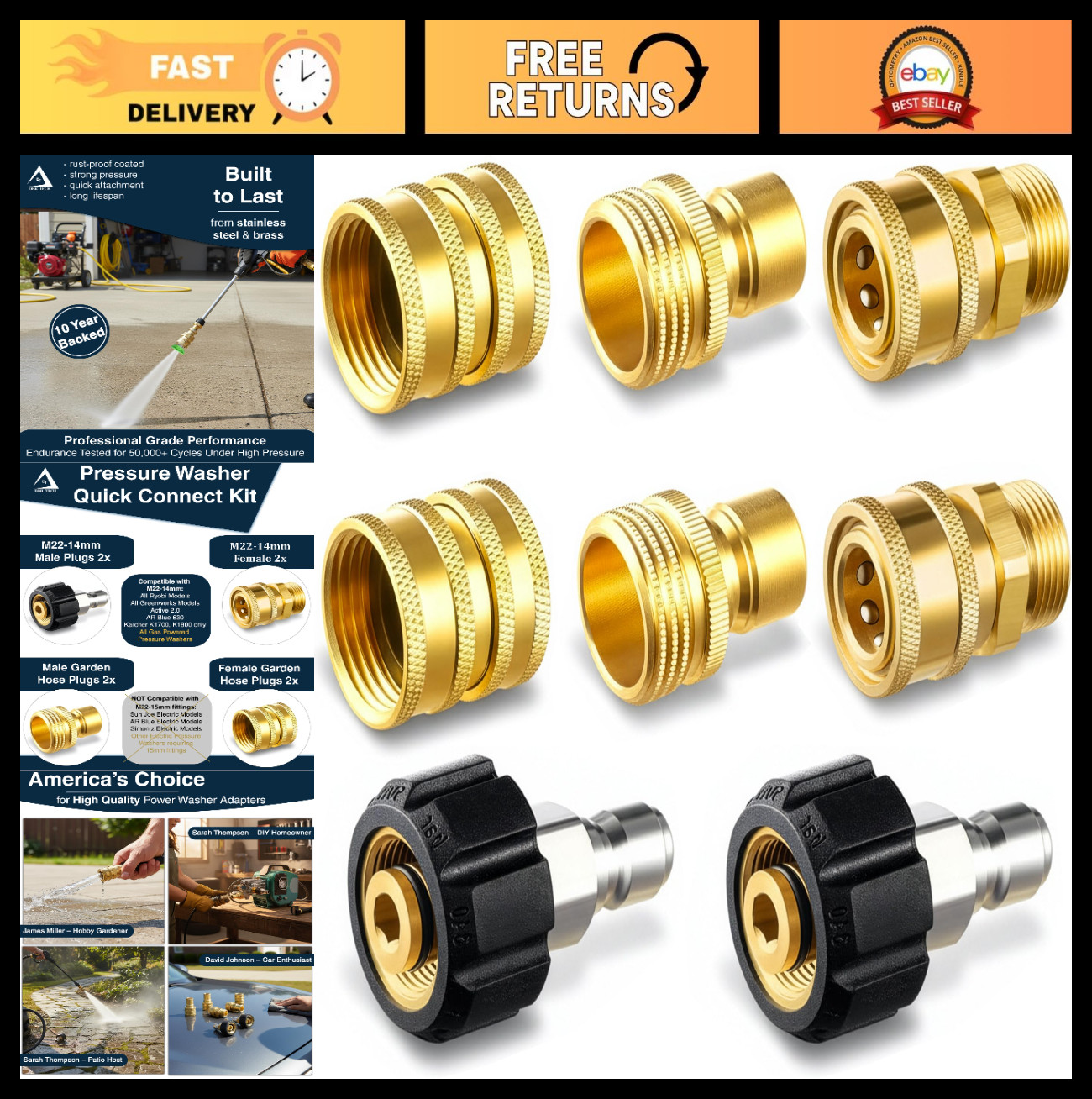 Pressure Washer Quick Connect Kit – M22 Brass Adapter Set, Swivel to 3/8″ Discon