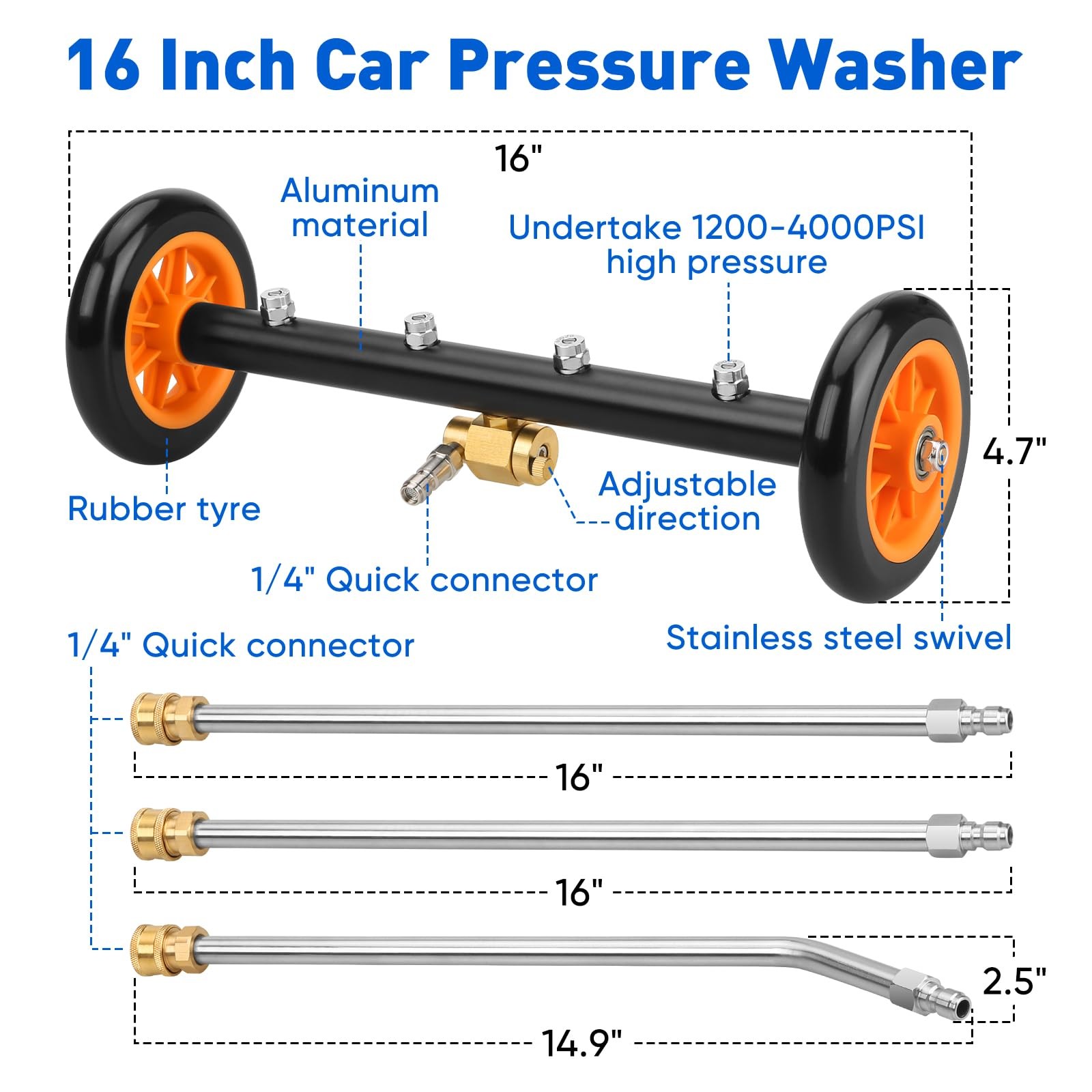 2-in-1 16” Undercarriage Pressure Washer Water Broom, 4000PSI Cleaner