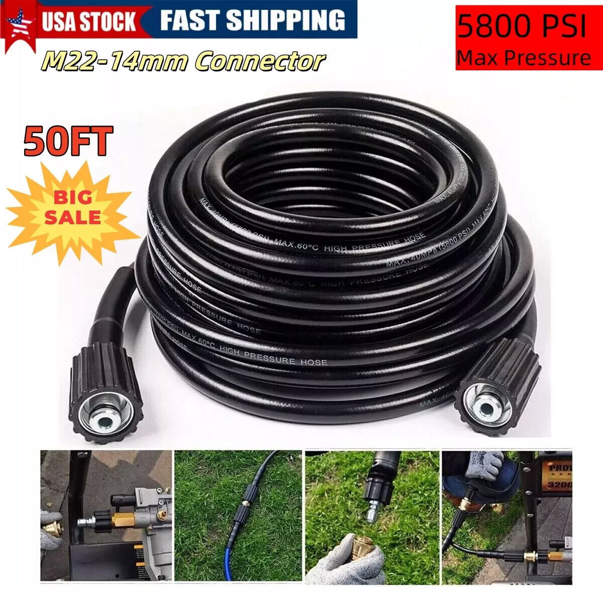 2024 High Pressure Washer Hose 50 FT Super Flexible Hose M22-14mm