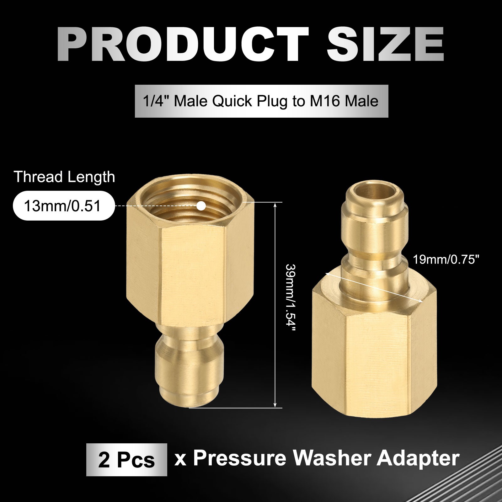 2Pcs Pressure Washer Adapter, 1/4″ Male Quick Plug to M16 Male Brass