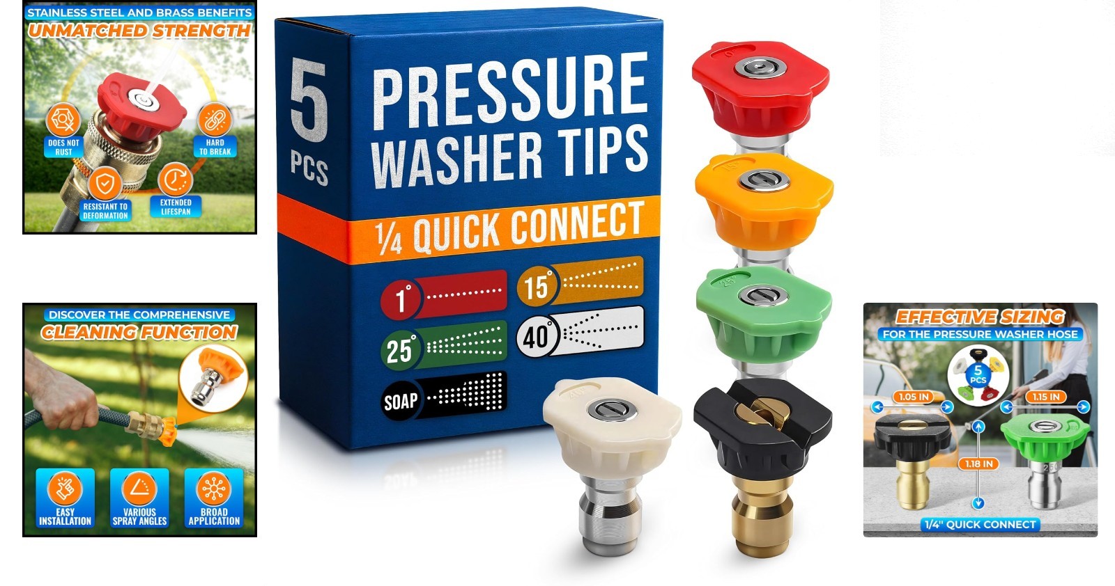 Versatile Pressure Washer Nozzle Set – 5 Tips for Soap, Foam & Targeted Cleaning