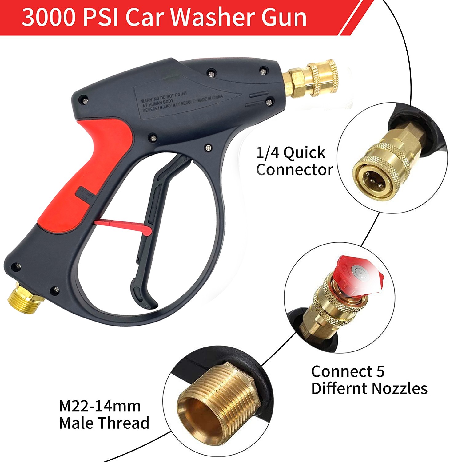 1/4″ High Pressure Washer Gun 4000 PSI Car Wash Spray Gun Wand 5 Nozzle Hose
