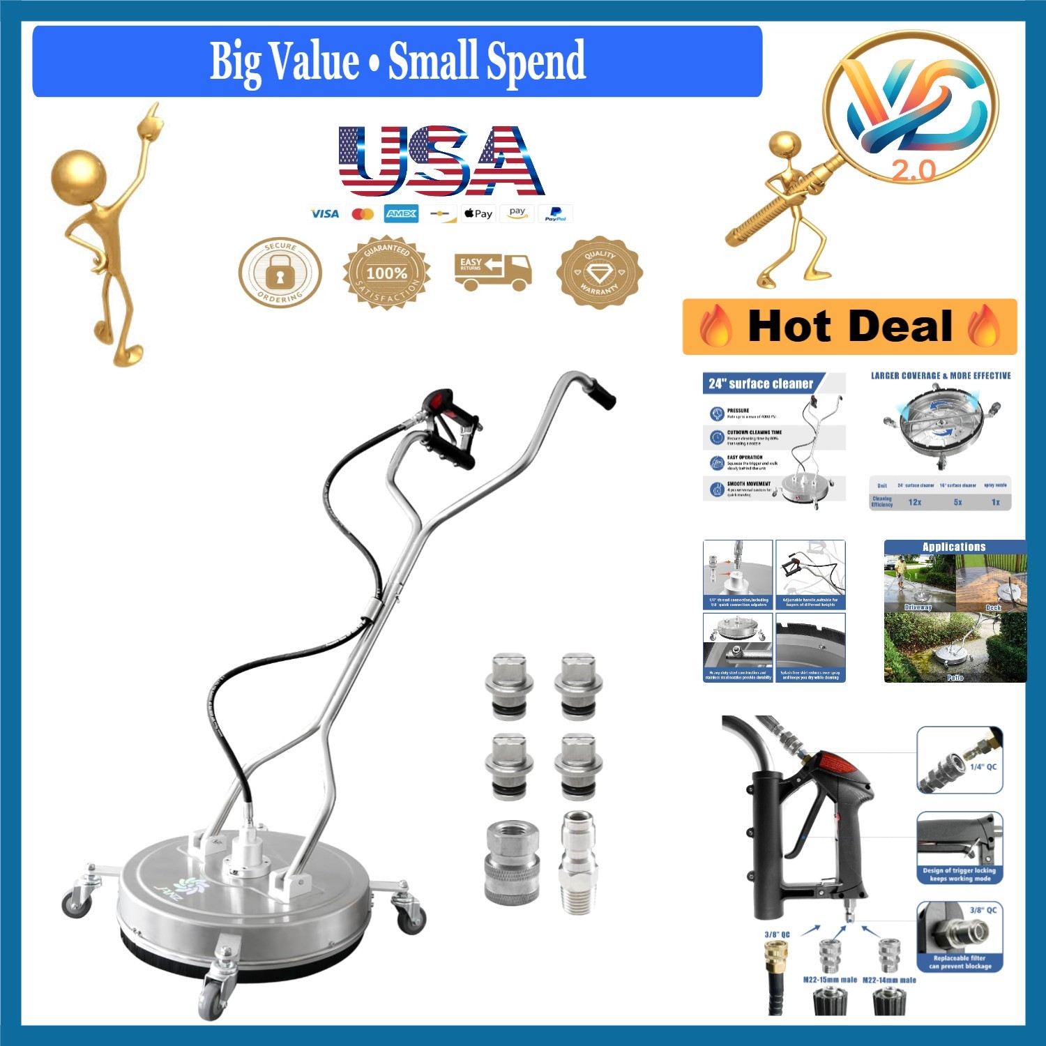 24-Inch Pressure Washer Surface Cleaner with 4 Wheels & Nozzles