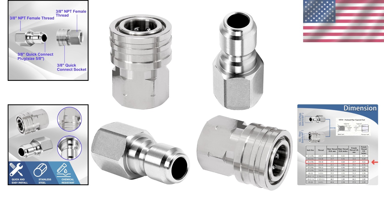 2 Sets of 3/8 Inch Quick Connect Pressure Washer Fittings – 5000 PSI Strength