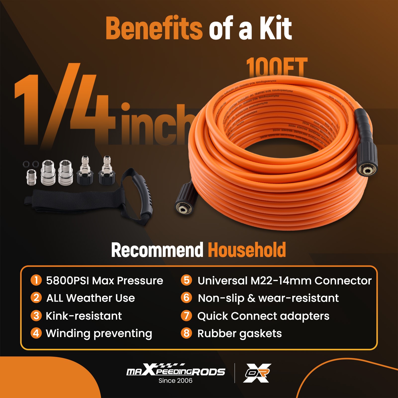 5800 PSI Pressure Washer Hose 100 Feet w/ M22-14mm to 3/8″ Coupler Kink Reistant