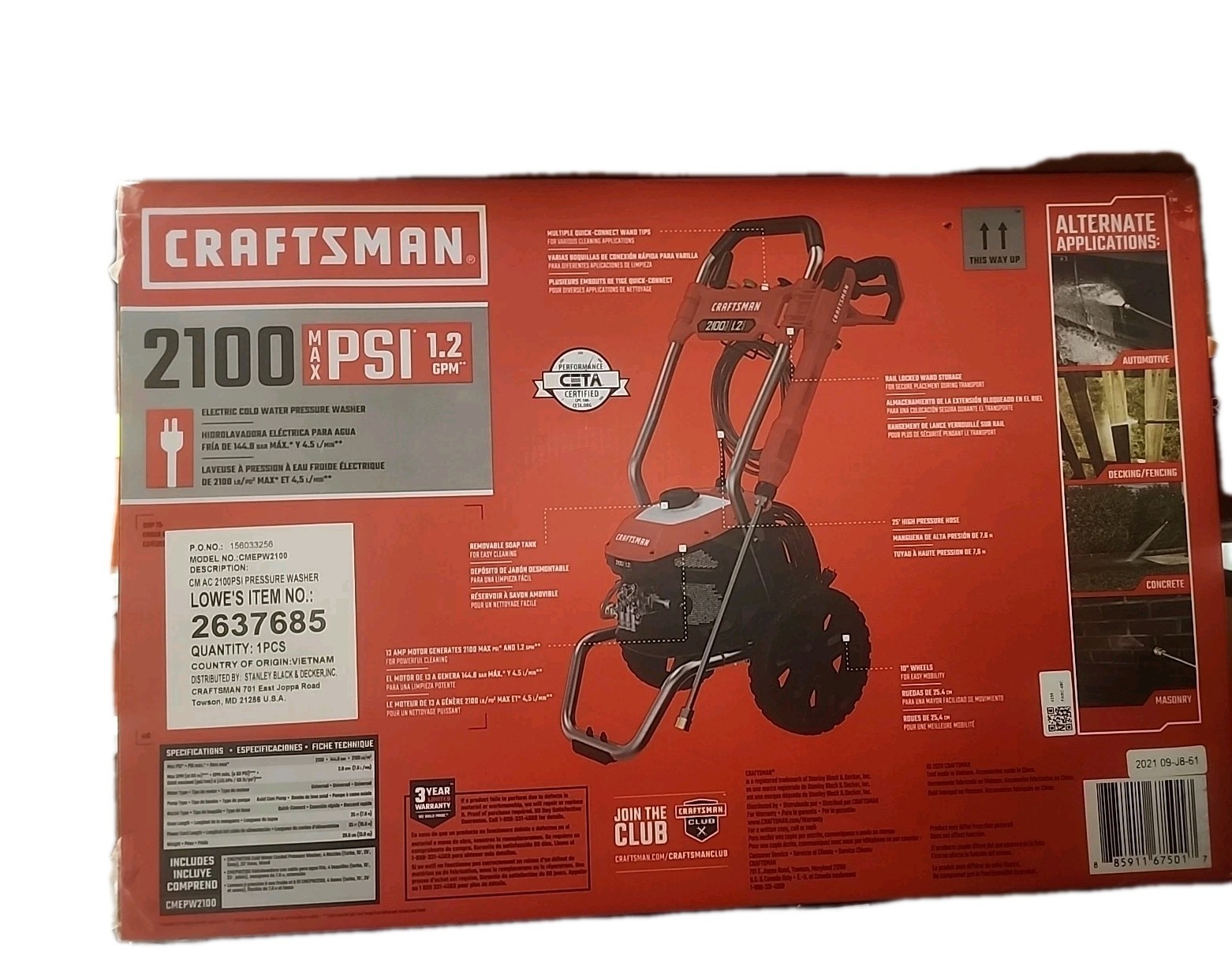 Craftsman 2100 Max Psi 1.2 Gpm Electric Cold Water Pressure Washer CMEPW2100