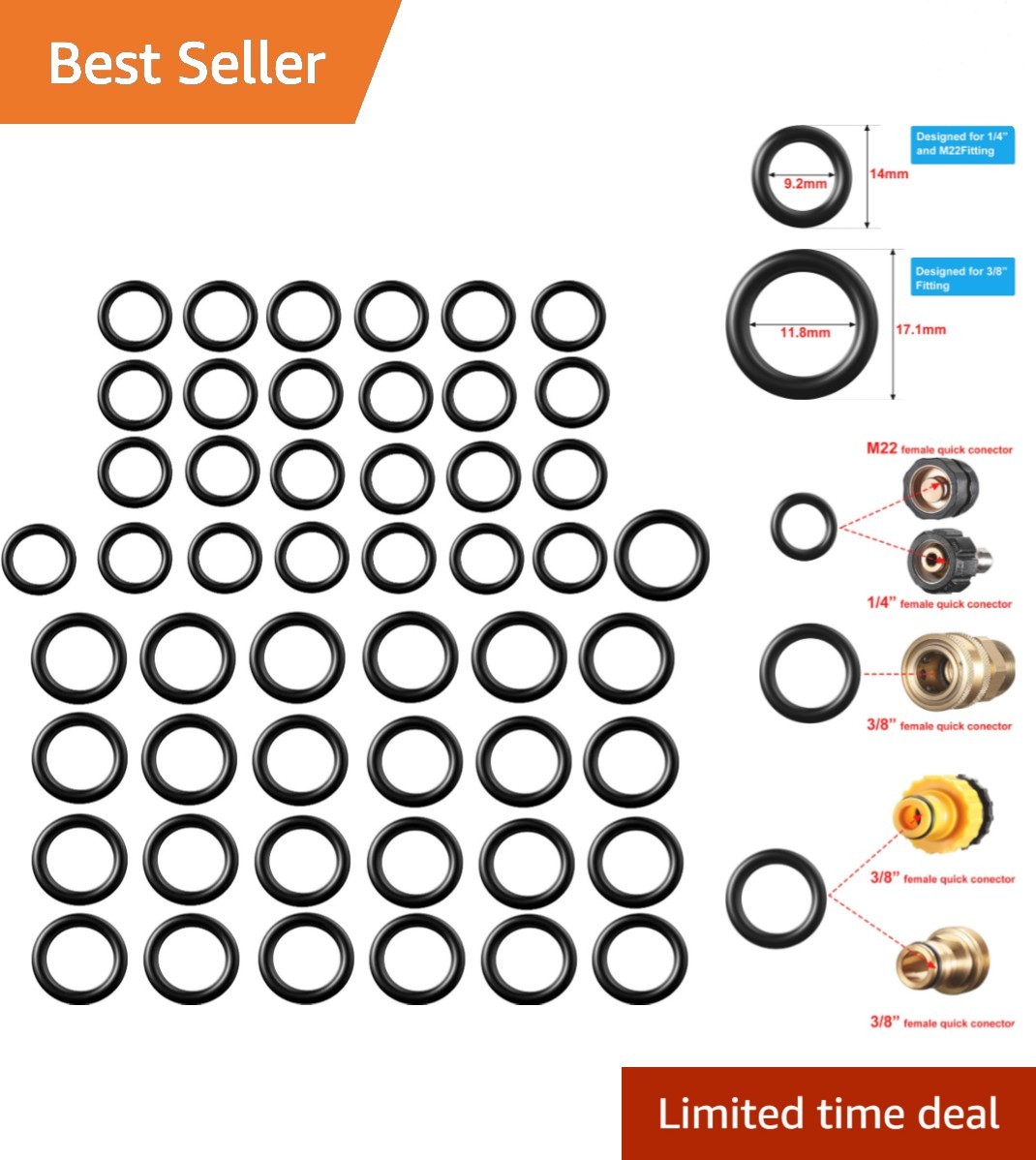 50 Quality Rubber O-Rings for Pressure Washers – Fits 1/4 & 3/8 Inch Connections
