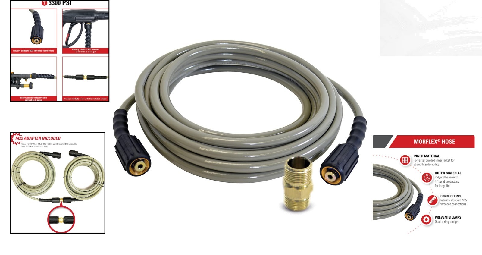 3300 PSI MorFlex Series Pressure Washer Hose – 25 Feet, Cold Water Compatible