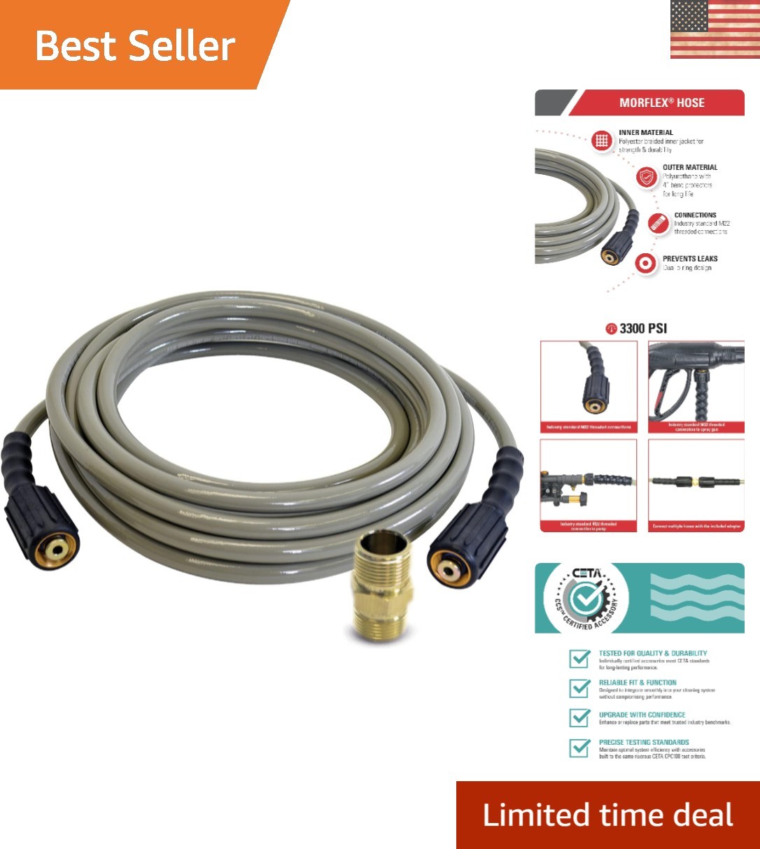 MorFlex 25ft Pressure Washer Hose – 3300 PSI, Kink Resistant, M22 Compatible