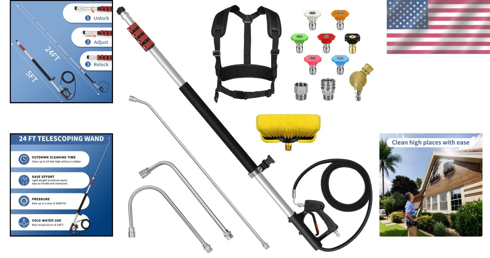 24FT High Pressure Washer Wand Kit with 7 Nozzles and Pivoting Coupler
