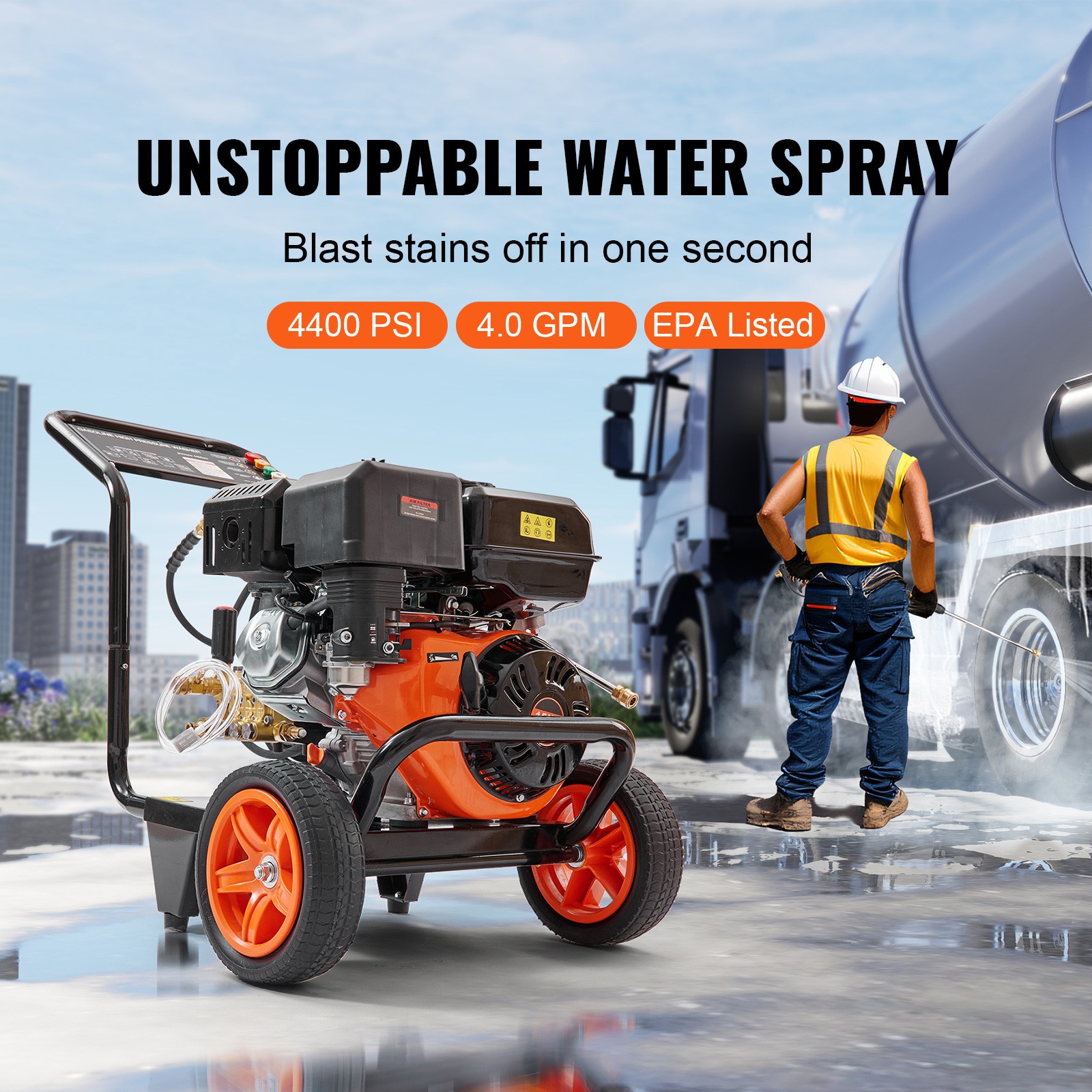 VEVOR 4400 PSI 4.0 GPM Cold Water Gas Powered Pressure Washer 390cc 5 Nozzles