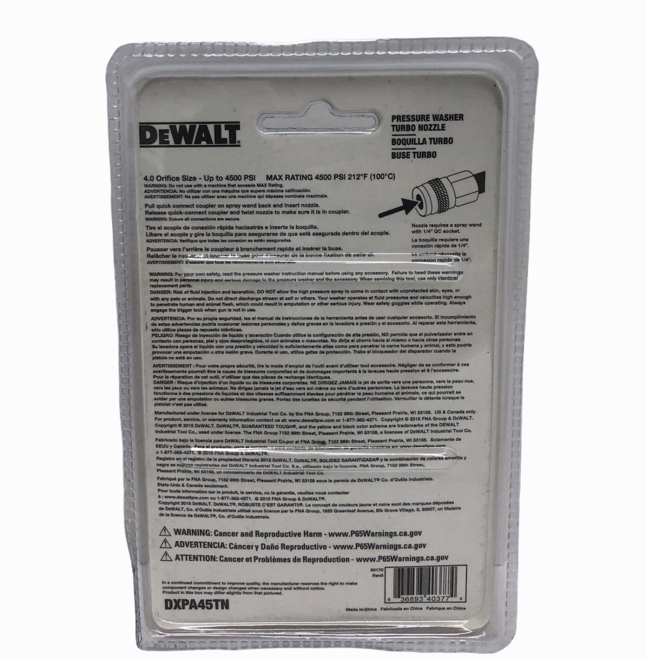 DEWALT 4500 PSI Turbo Nozzle 1/4” Quick Connect Pressure Washer Rotary Spray Tip