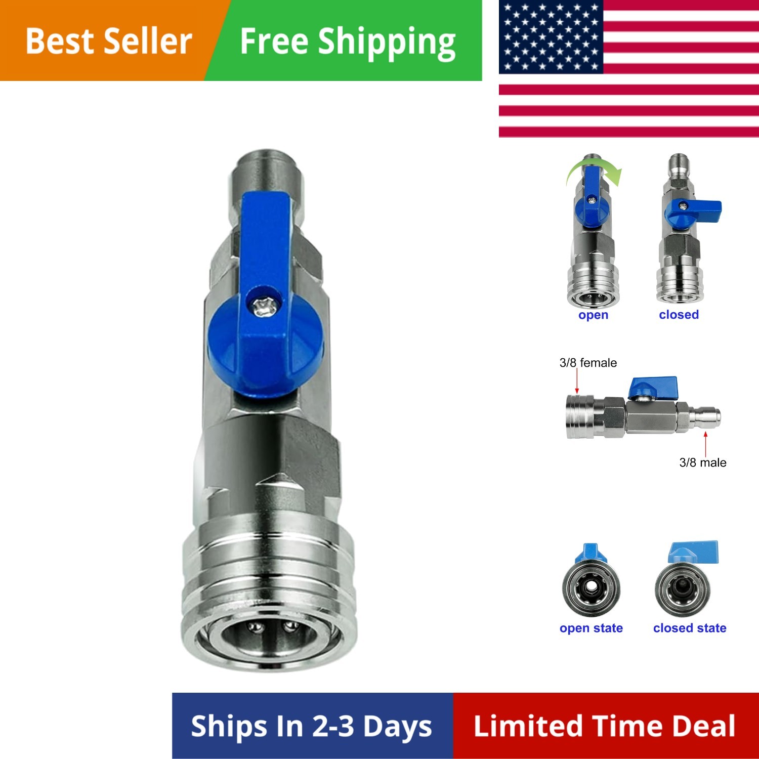 High Pressure Washer Ball Valve Kit 3/8 NPT Quick Connector 4500 PSI for Powe…