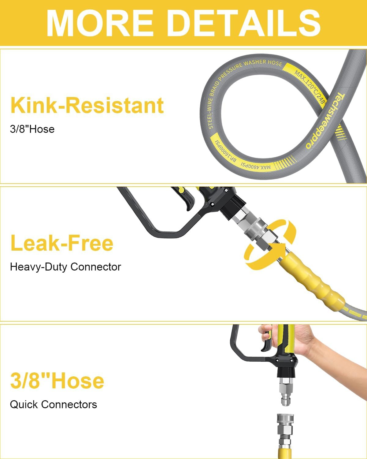 4800PSI Pressure Washer Hose 50FT with 3/8″ Swivel Quick Connect for Cold/Hot Wa