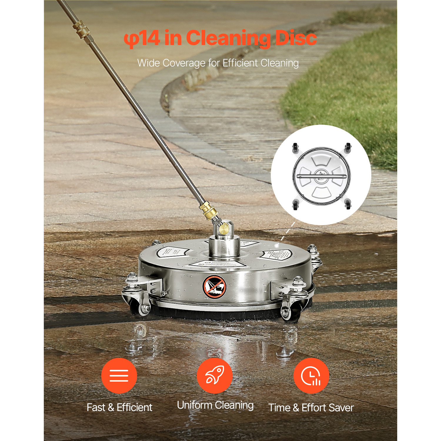 14″ Pressure Washer Surface Cleaner 4 Wheels 4000 Max PSI 2 Extended Wands