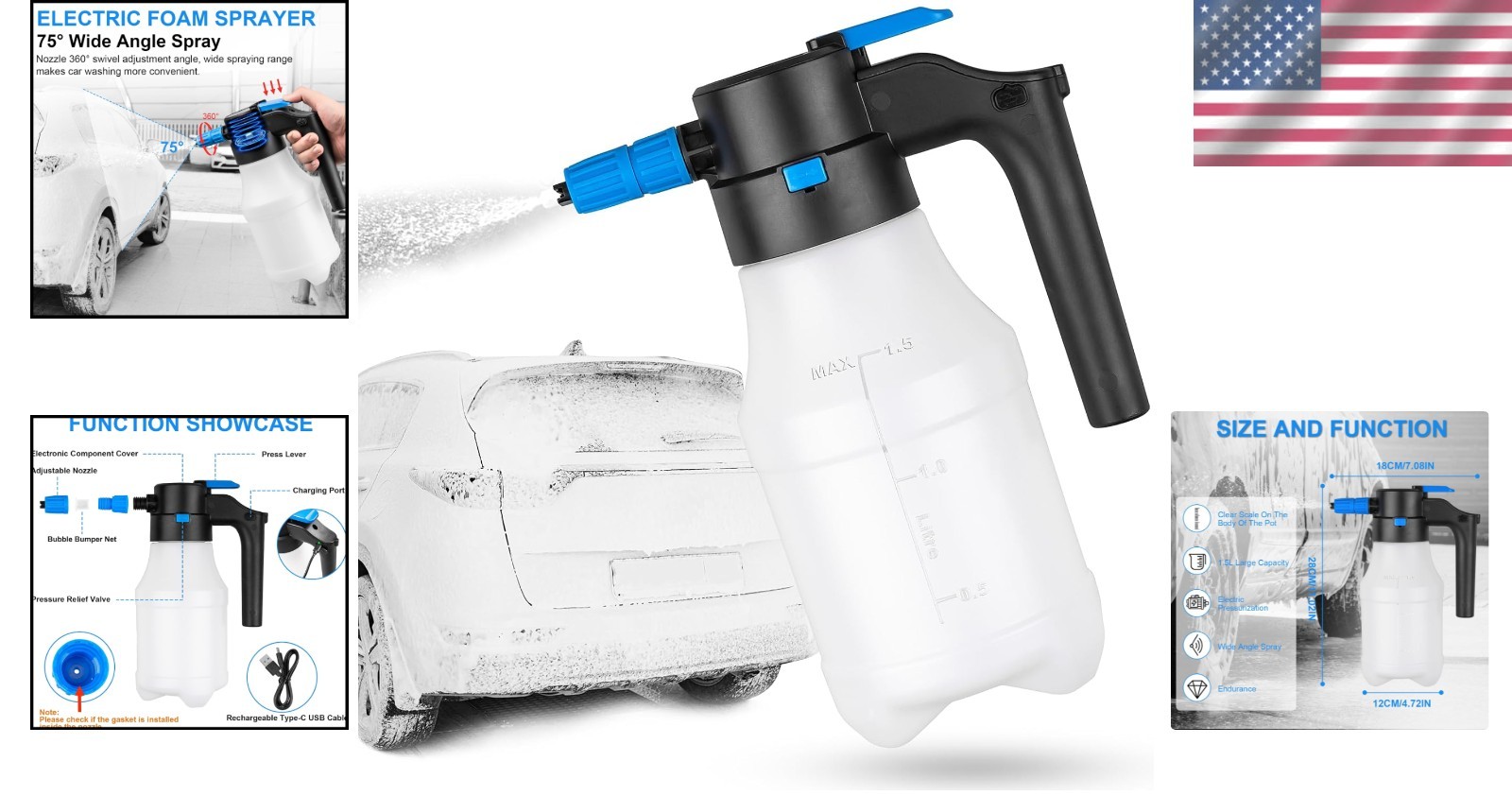 1.5L Electric Car Foam Sprayer, Foam Sprayer for Car Wash with USB Rechargeable,