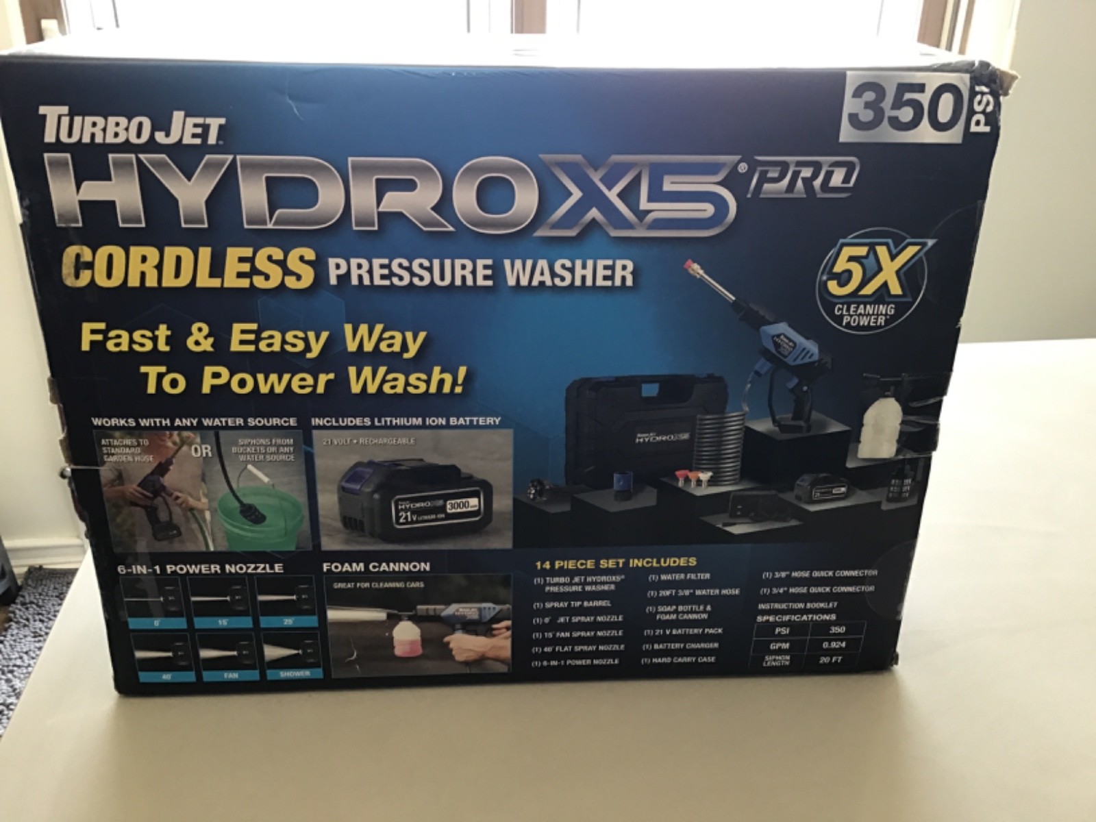 Turbo Jet Hydrox5 Pro Portable Cordless Pressure Washer 6N1 21V 350 PSI NIB