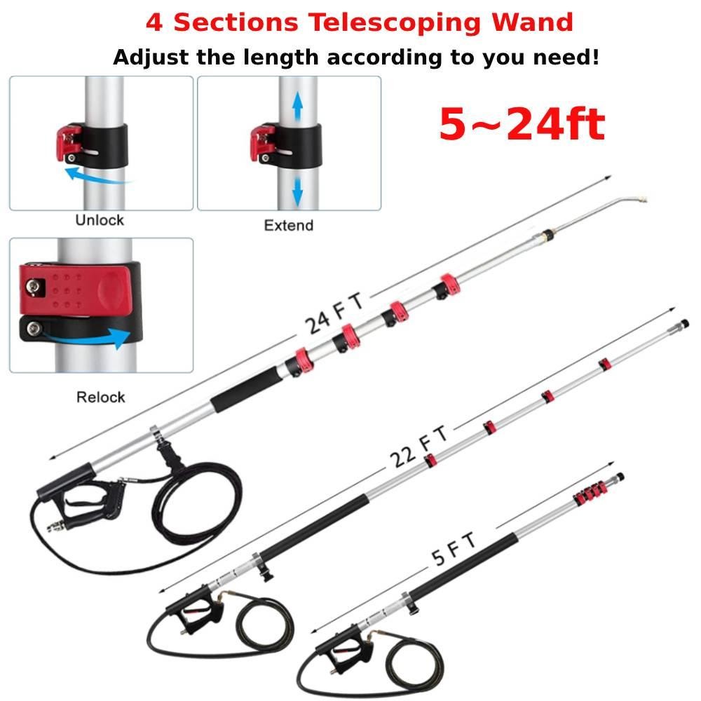 5~24FT Telescoping Pressure Washer Wand 4000PSI with 2 Extension Wand Portable