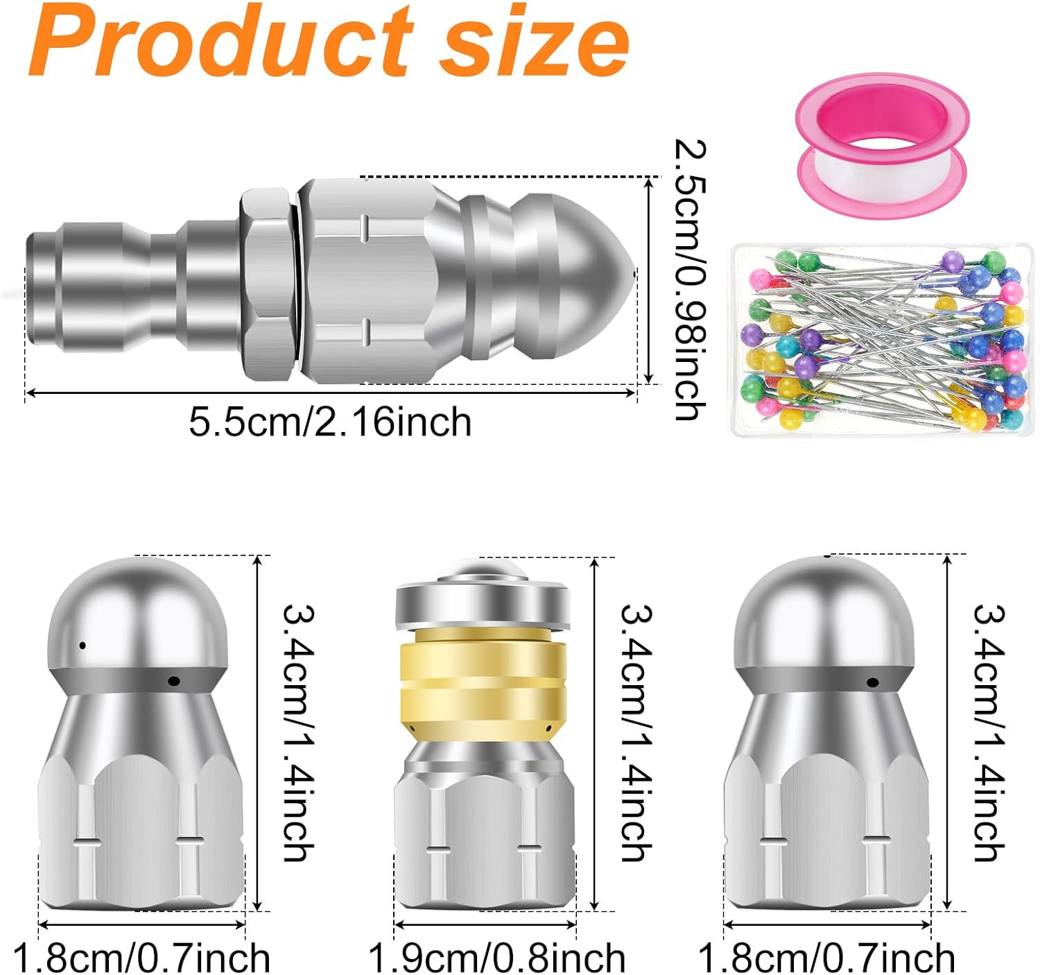 6Pcs Sewer Jetter Nozzle for Pressure Washer, 5000PSI Max Stainless Steel Sewer