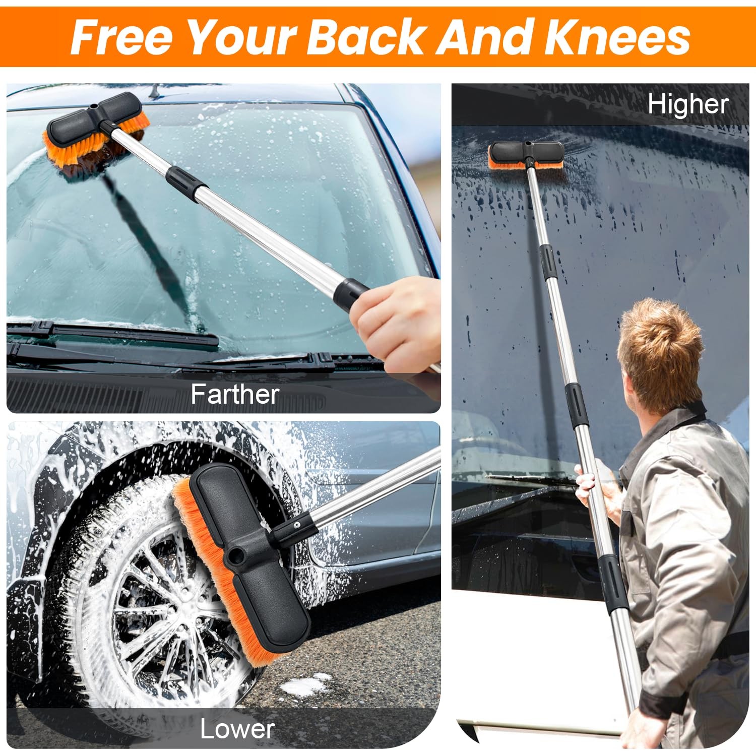 ARTIPOLY 65″ Car Wash Brush with Extension Pole, 10″ brush pole, Orange