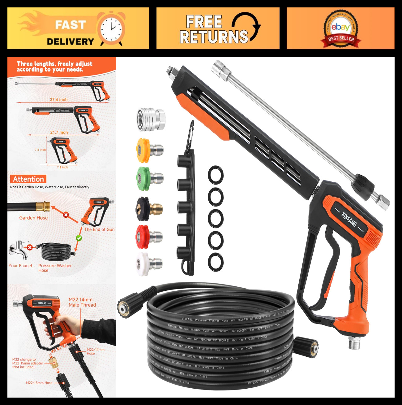 High Power Pressure Washer Gun & Hose Kit, 25FT Hose, 5 Nozzle Tips, M22 Fitting