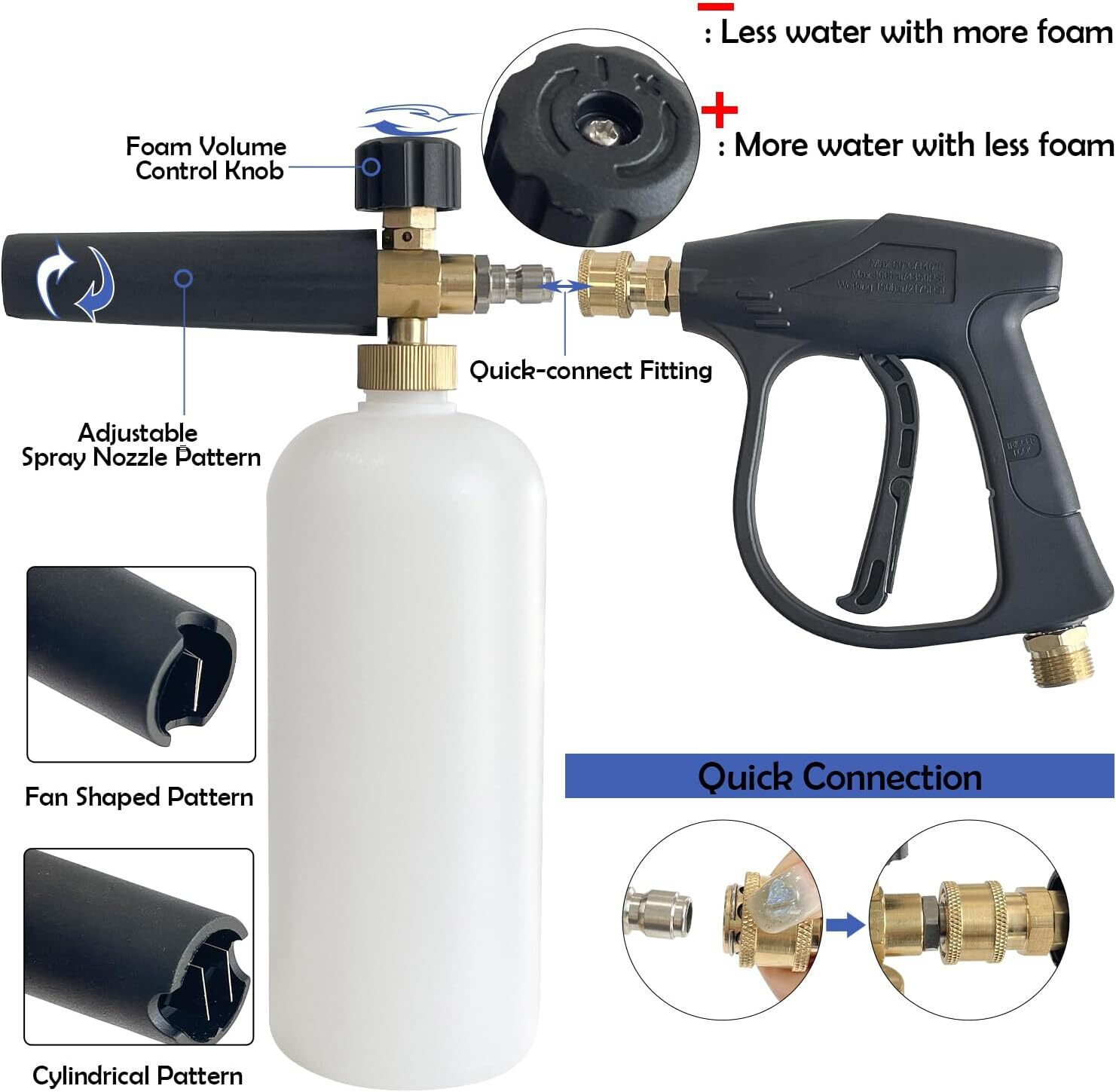 1/4″ Snow Foam Pressure Washer Gun Car Wash Soap Lance Cannon Spray Jet Bottle