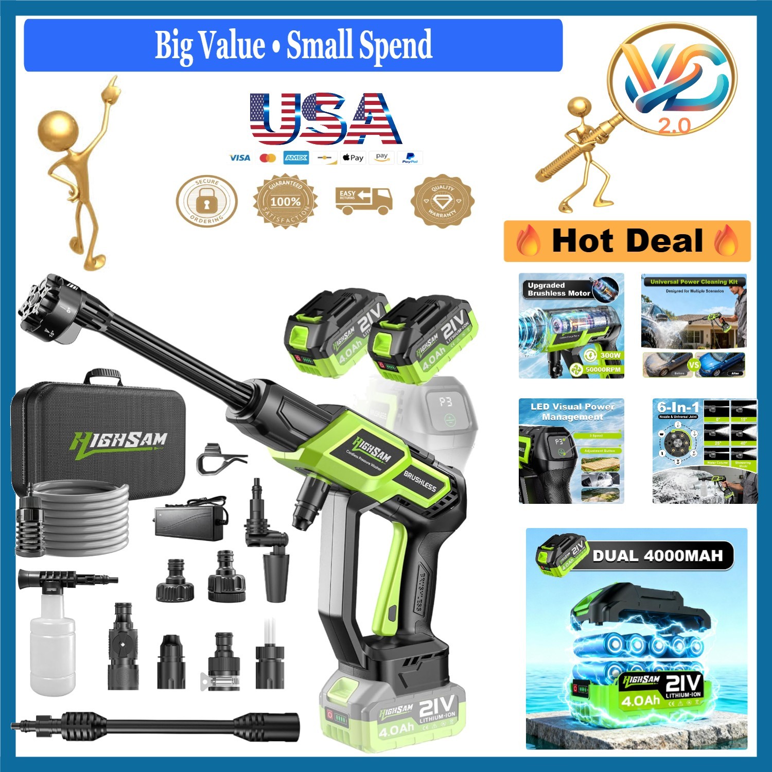 Cordless Car Washer Portable Electric Brushless Motor 16ft Hose 6-in-1