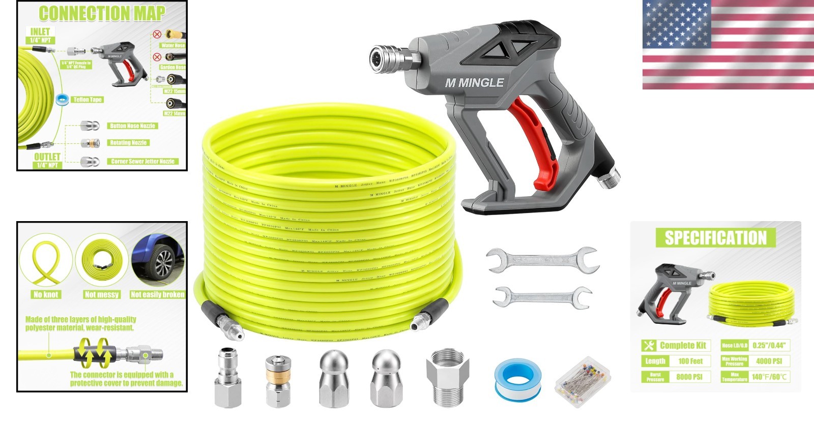 Corner Rotating Nozzle Sewer Jetter Kit, 100 Ft