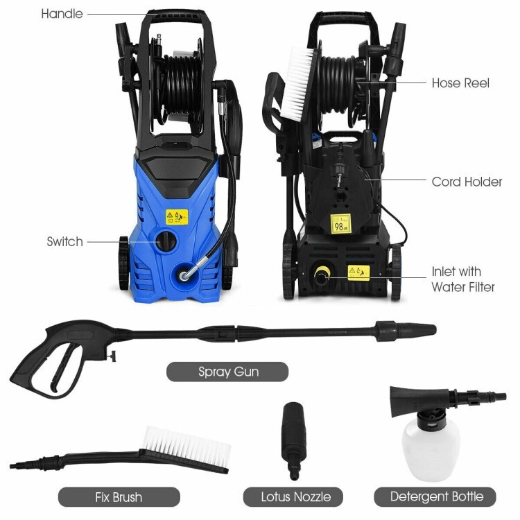 Costway 2030PSI Electric Pressure Washer Cleaner 1.7 GPM 1800W W/ Hose Reel Blue