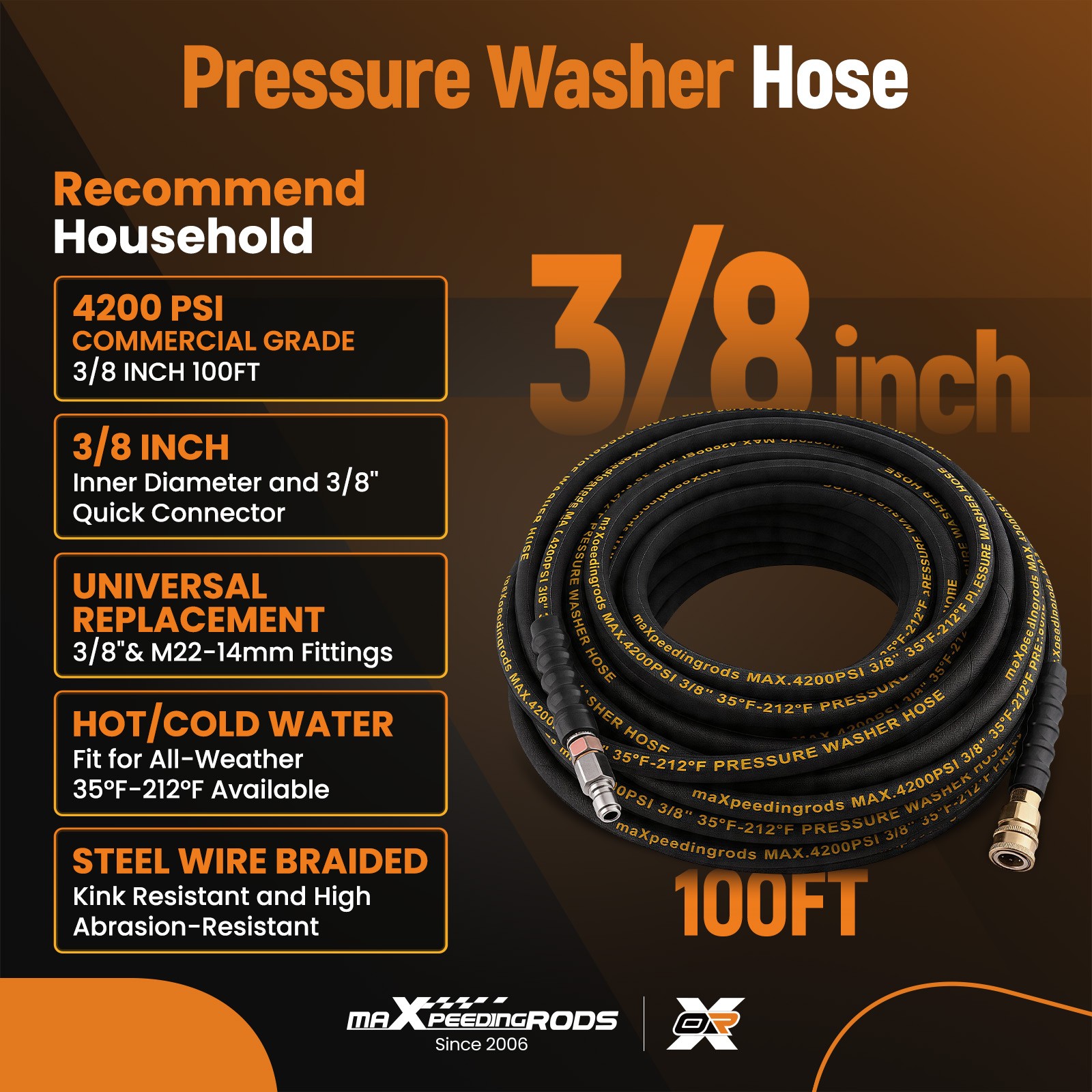 3/8″ Pressure Washer Hose 100FT 4200PSI with 3/8″ Quick Connect Kink Resist