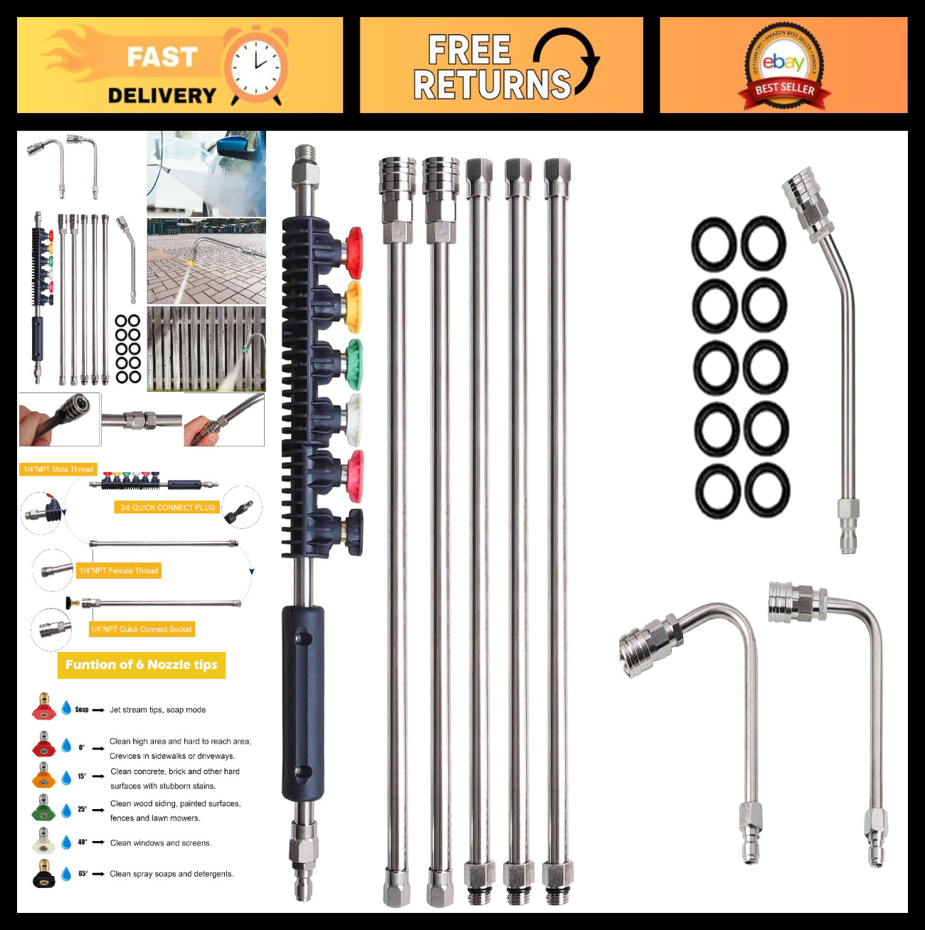 9 Pack Pressure Washer Extension Wand – Stainless Steel Lance, 6 Nozzle Tips, Gu