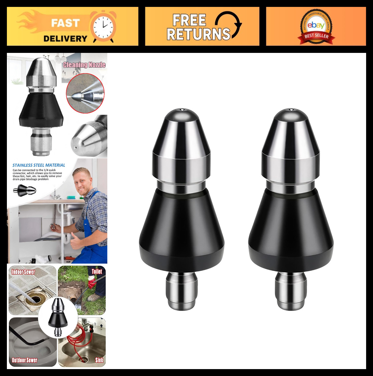 High-Pressure Sewer Jetter Nozzle Kit, 1/4″ Quick Connect Drain Cleaning Tool, U