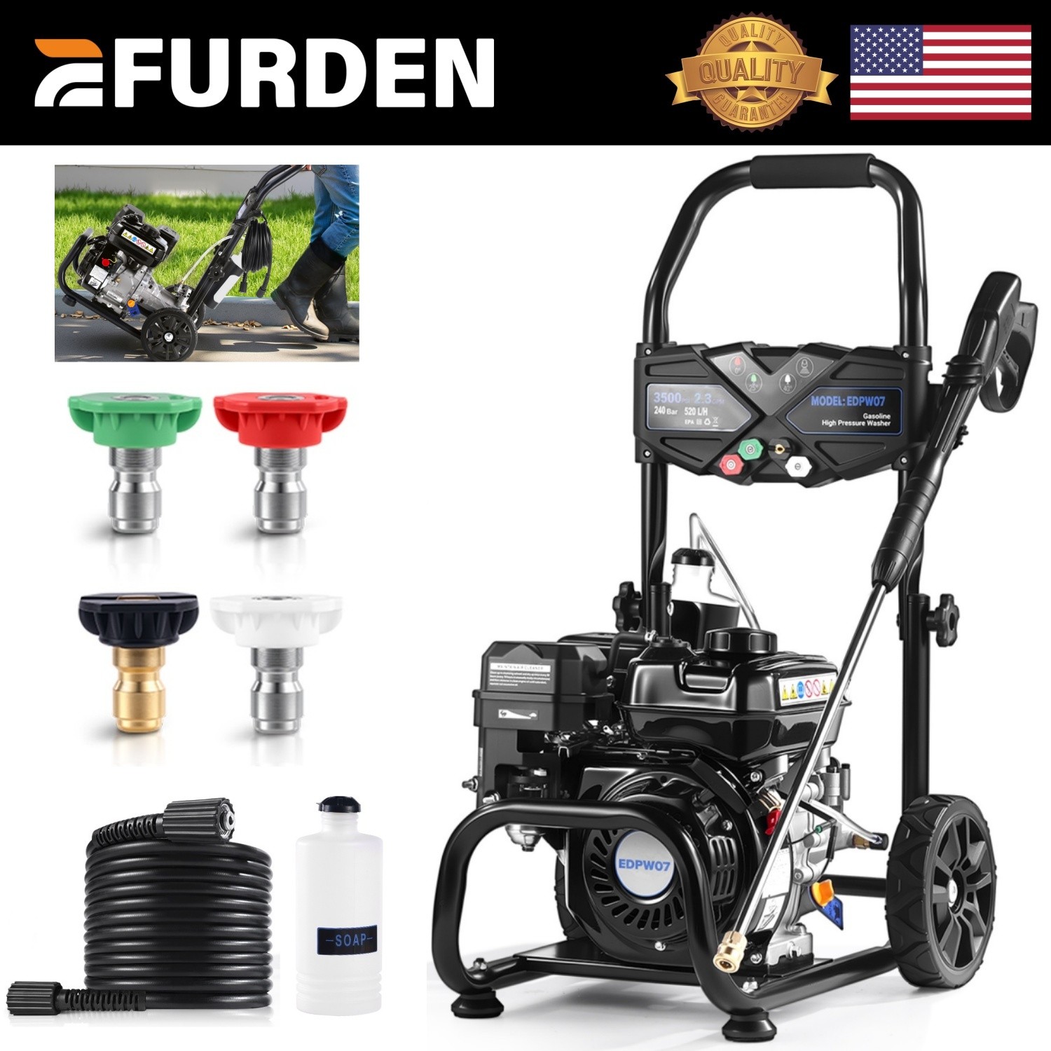 Efurden Gas Powered Washer 3500 PSI 2.3 GPM Cold Water Gas Pressure Washer Black