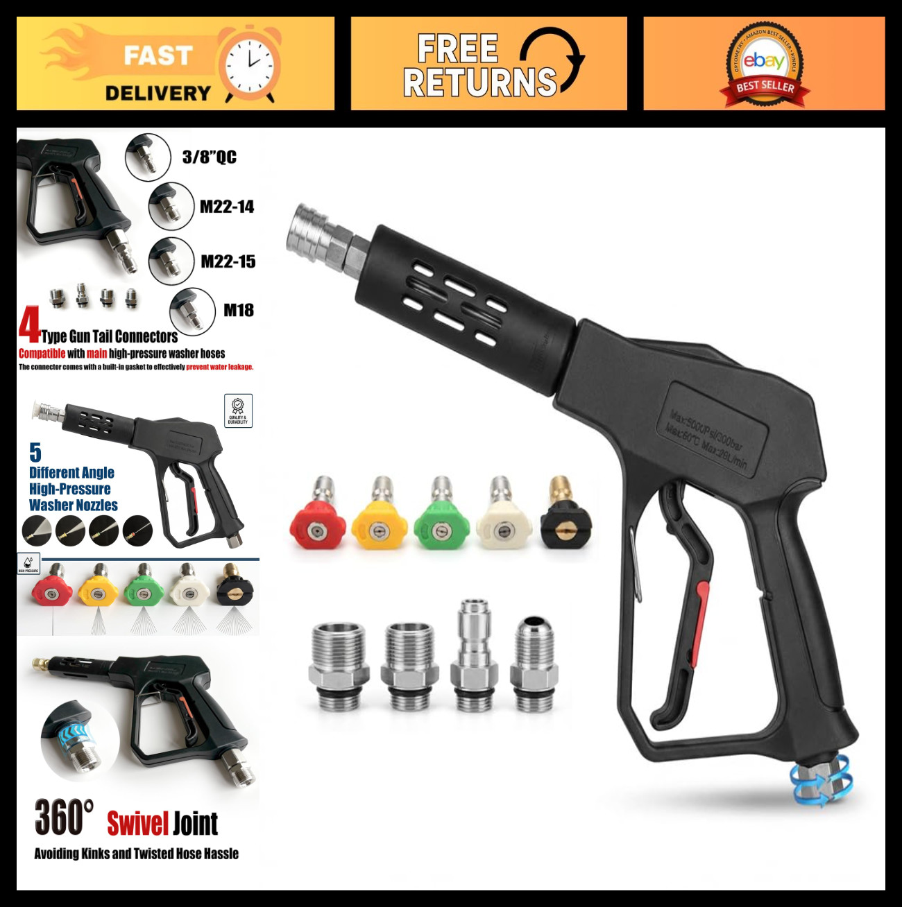 Swivel Pressure Washer Gun 5000PSI Short Wand with 5 Nozzles & Adapters for Car