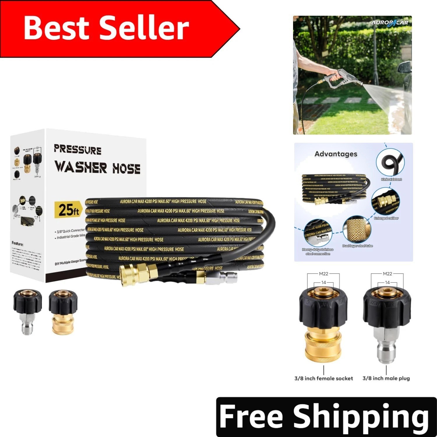 High Performance 25FT High Pressure Washer Hose with Quick Connect and Adapters