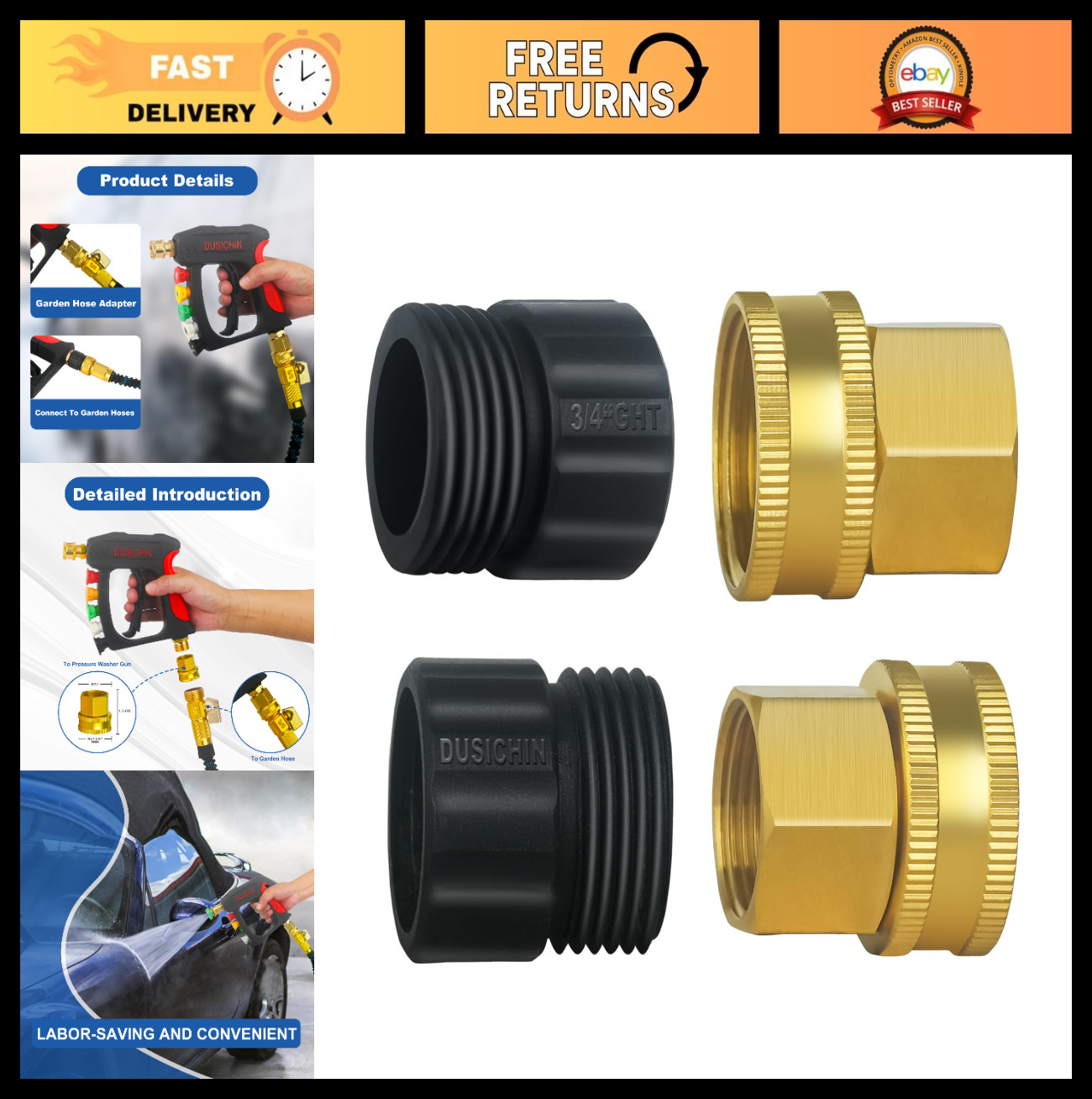 Pressure Washer Gun Adapter, 3/4″ GHT Male/Female to M22 Fitting, Garden Hose Co
