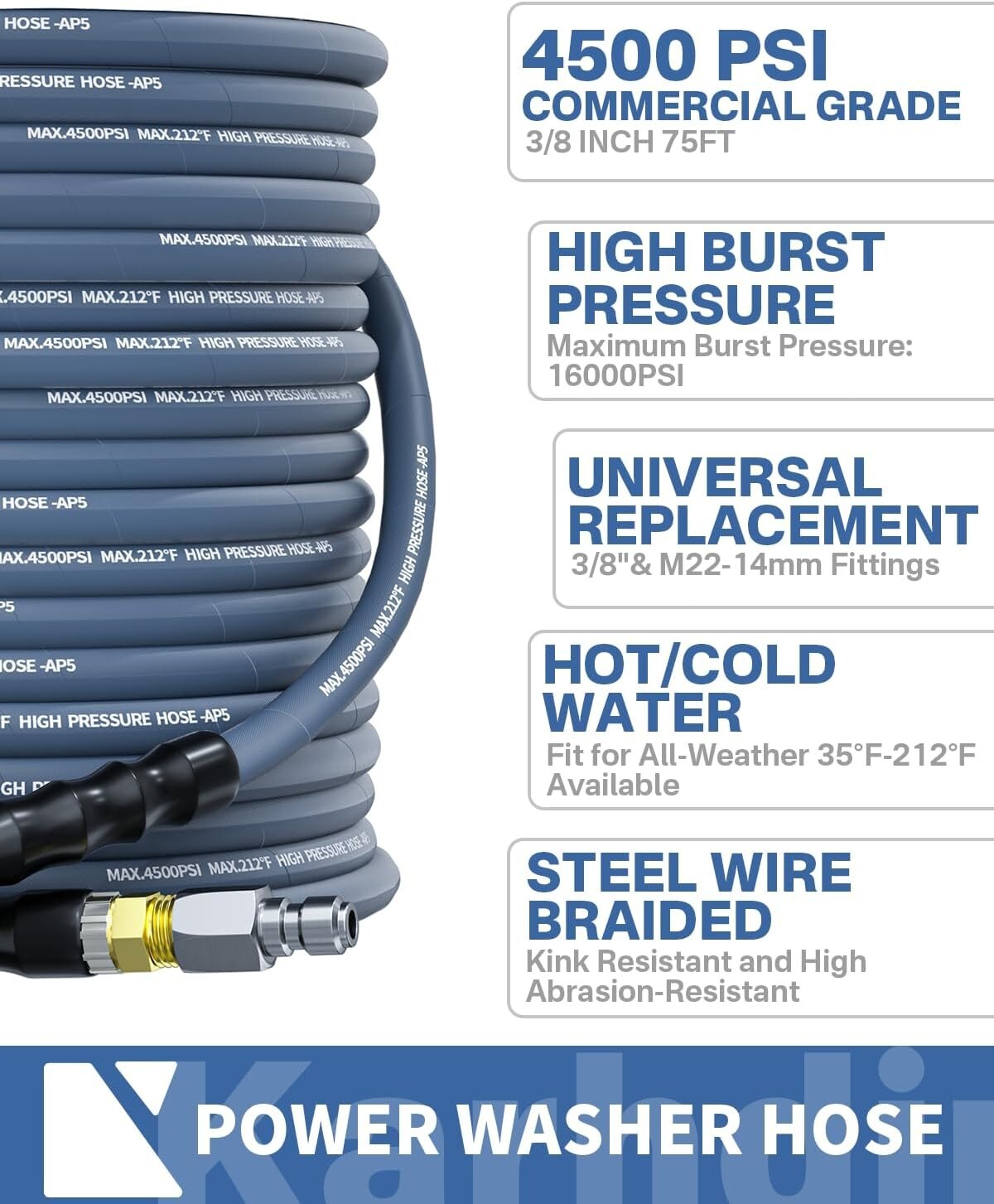 75FT 3/8″ Pressure Washer Hose 4500PSI 2-Braid Kink Resistant Power Hose QC