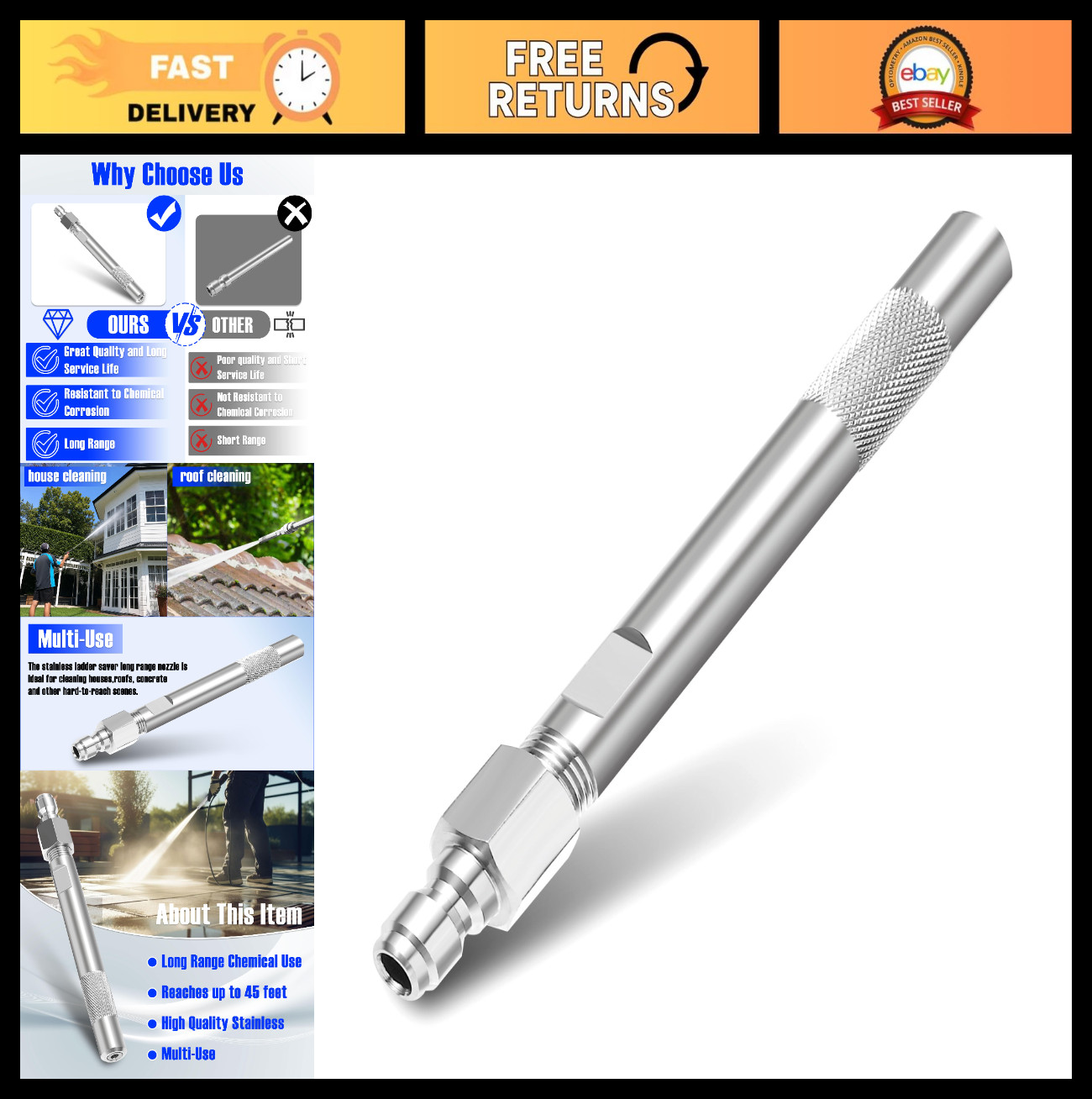 Long Range Chemical Nozzle for Pressure Washer, 1000-6000 PSI, 1/4″ Quick Connec