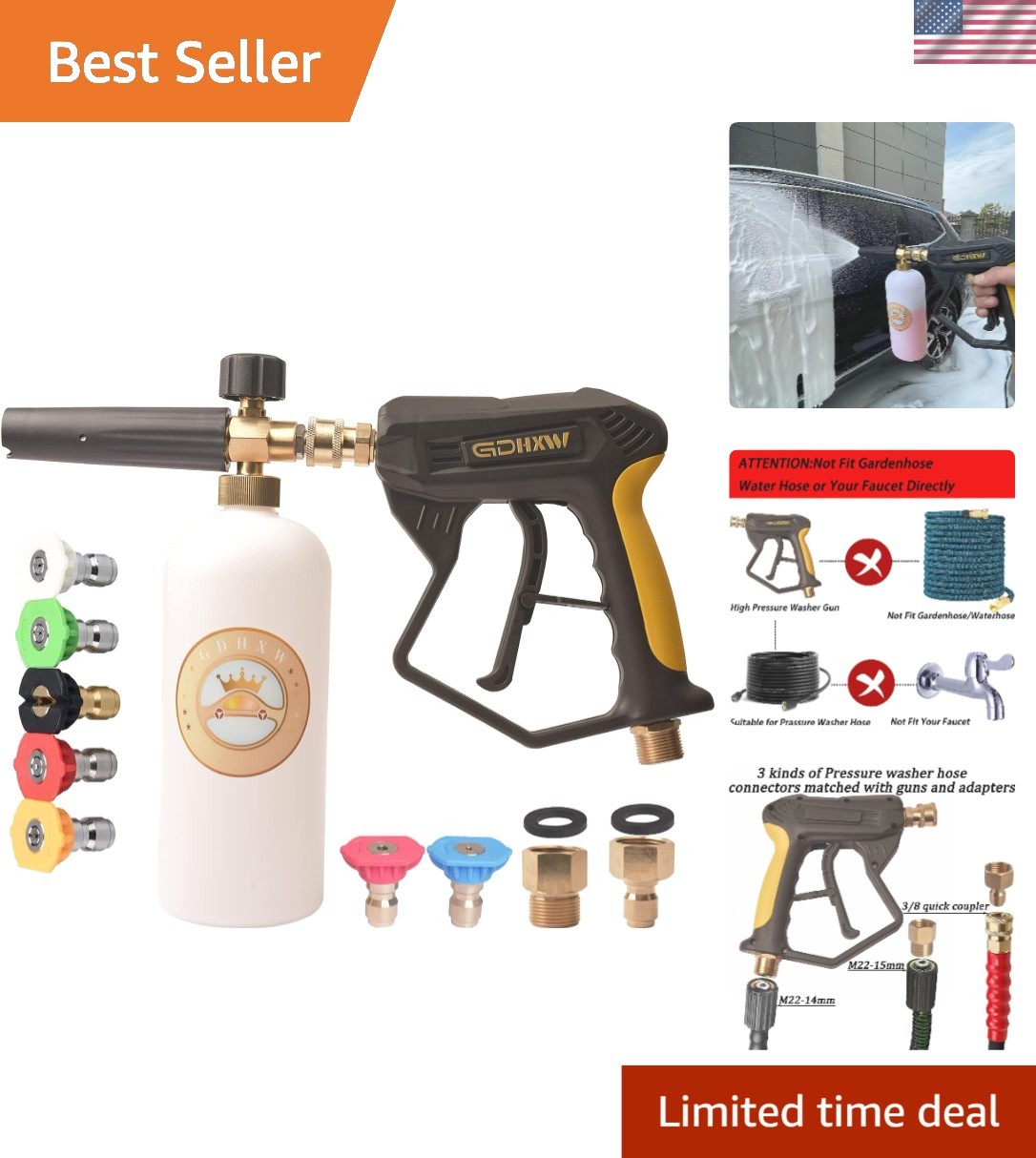 X-887 Foam Cannon with Two Adapters & 7 Nozzles – Effortless Car Washing