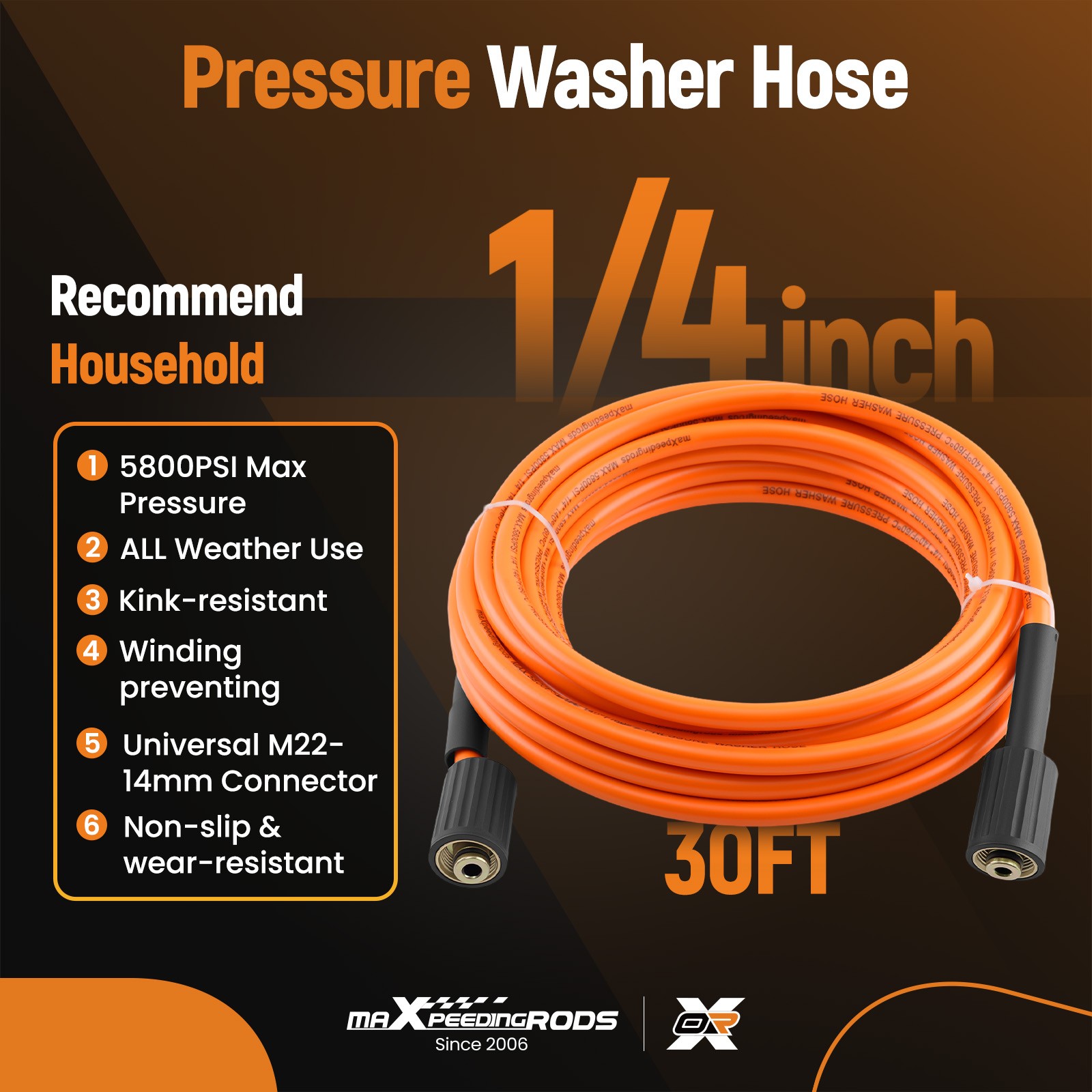 1/4″ Pressure Washer Hose 30 Feet 5800PSI Extension Hose Kink Resistant 1Pc