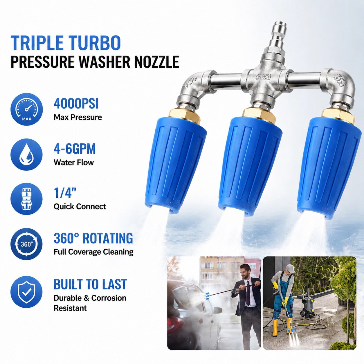 High Pressure Washer Nozzle 360° Rotating Triple Turbo 1/4″ 4000 PSI Auto Garden