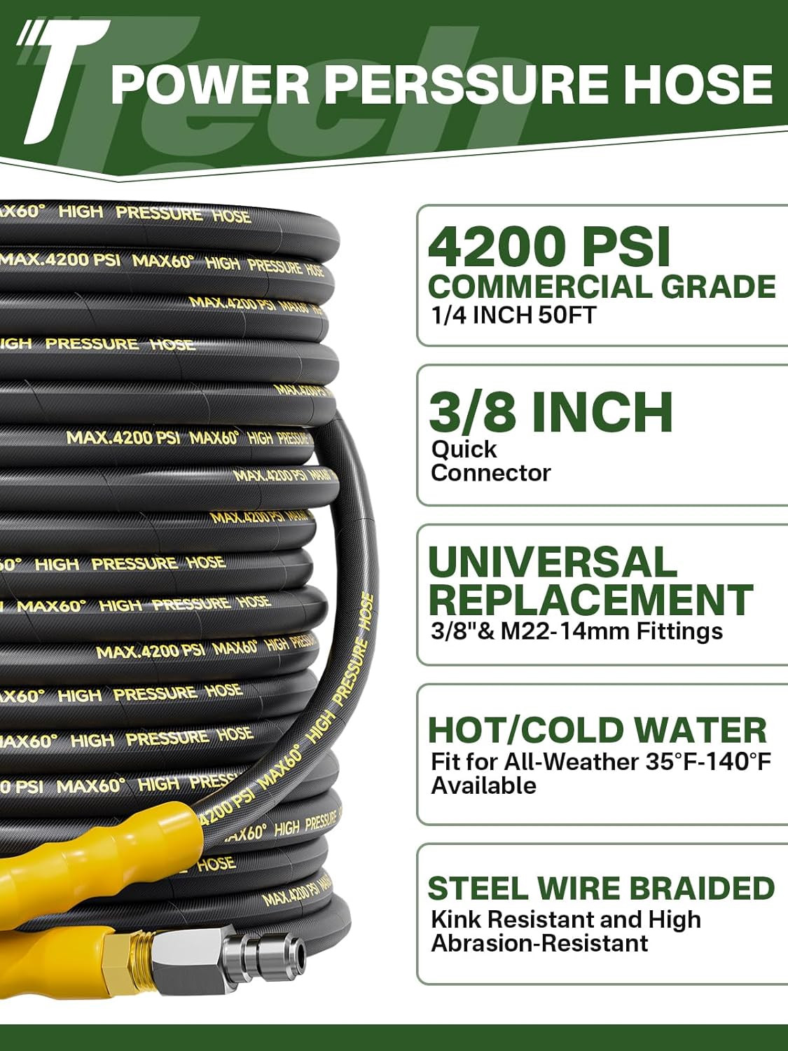 4200PSI Pressure Washer Hose 50FT with 3/8″ Swivel Quick Connect for Cold/Hot Wa