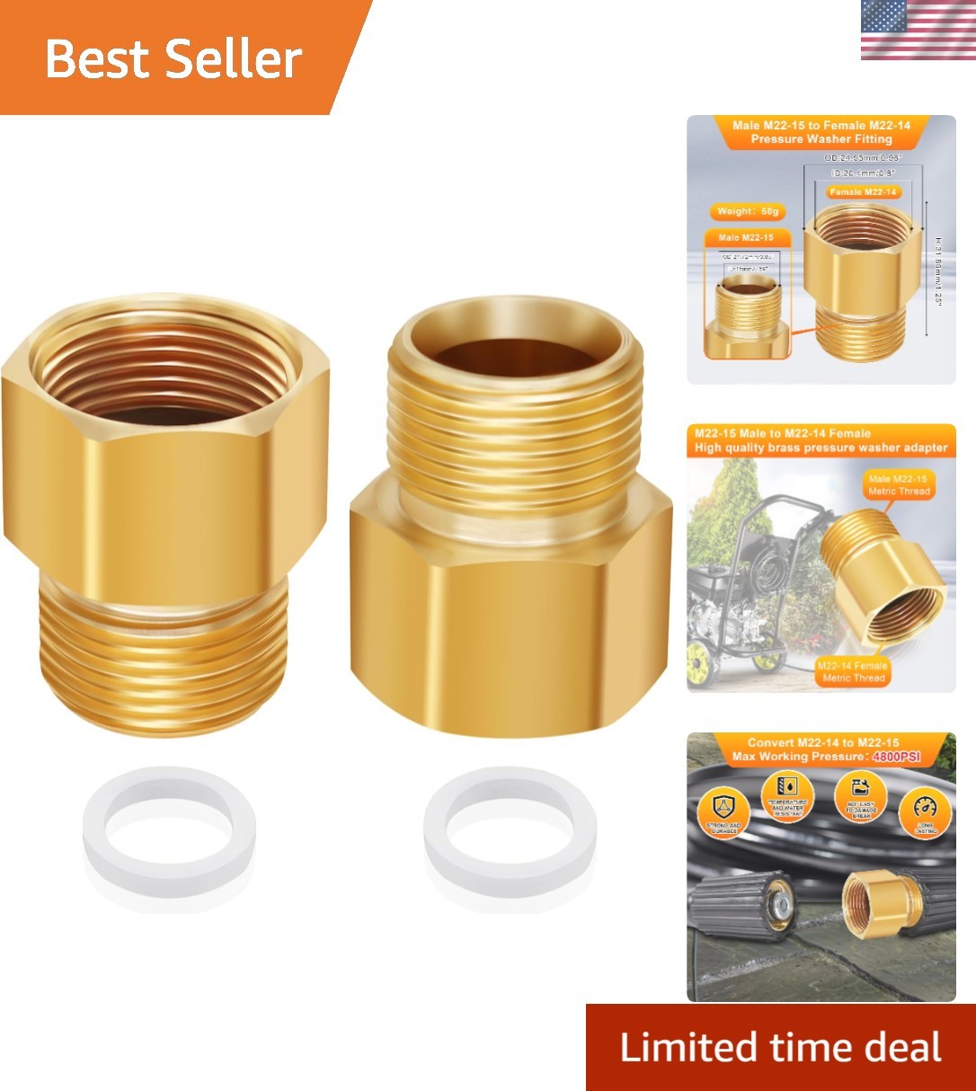 M22 High-Pressure Brass Washer Adapter – 4800 PSI M22-14 to M22-15 Conversion