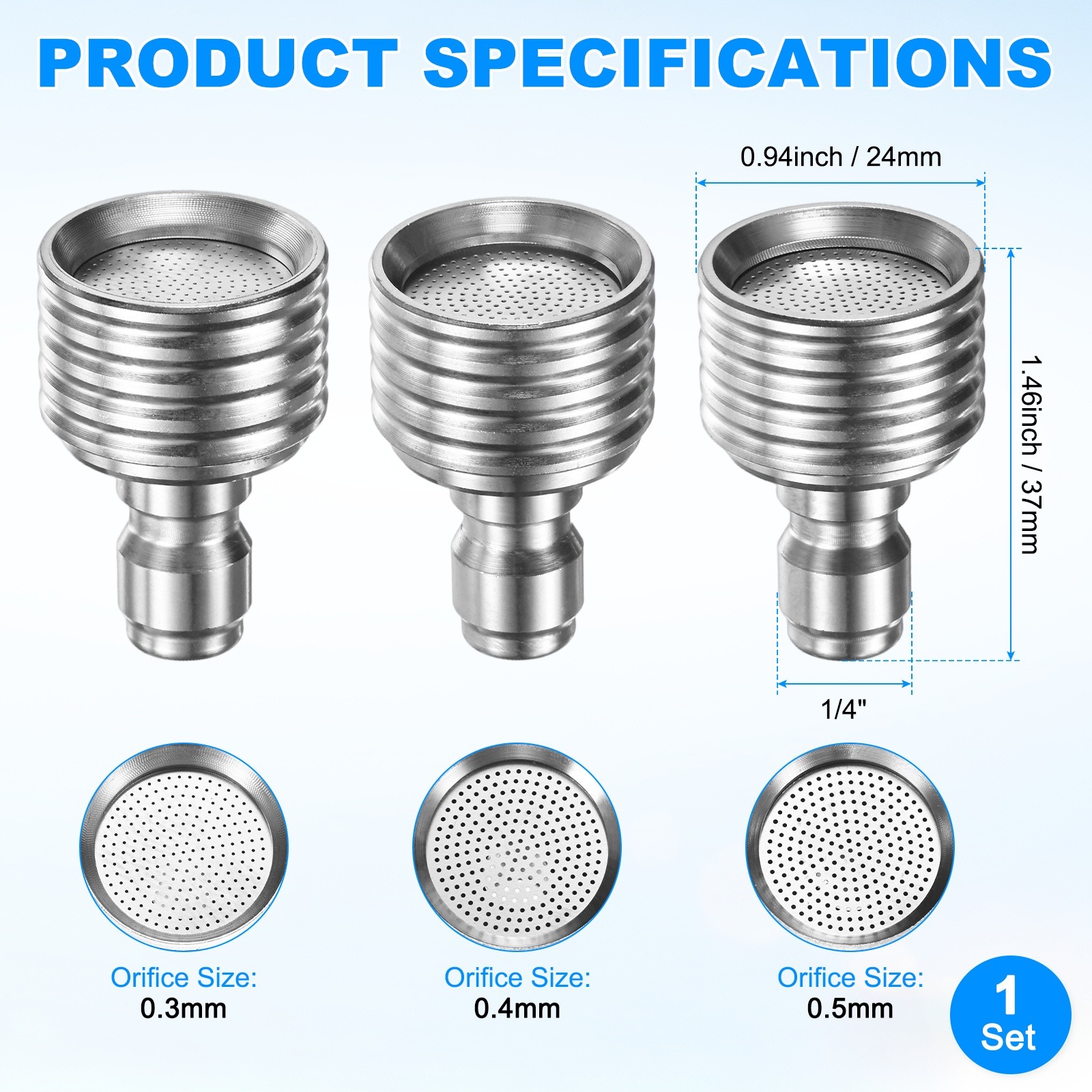 3-Pack Pressure Washer Nozzle Tips for Soft Wash, 0.3/0.4/0.5mm Soft Rain Head