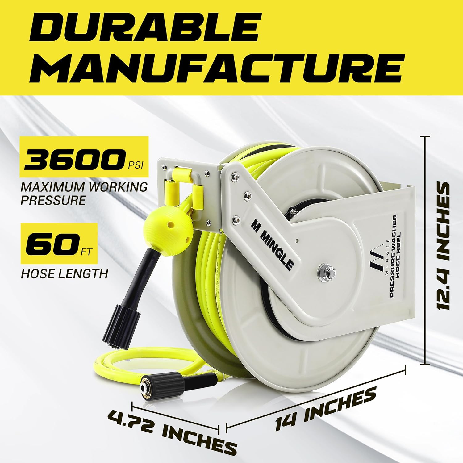 M MINGLE Retractable Pressure Washer Hose Reel, 1/4″ × 60Ft Power Washer Hose Re