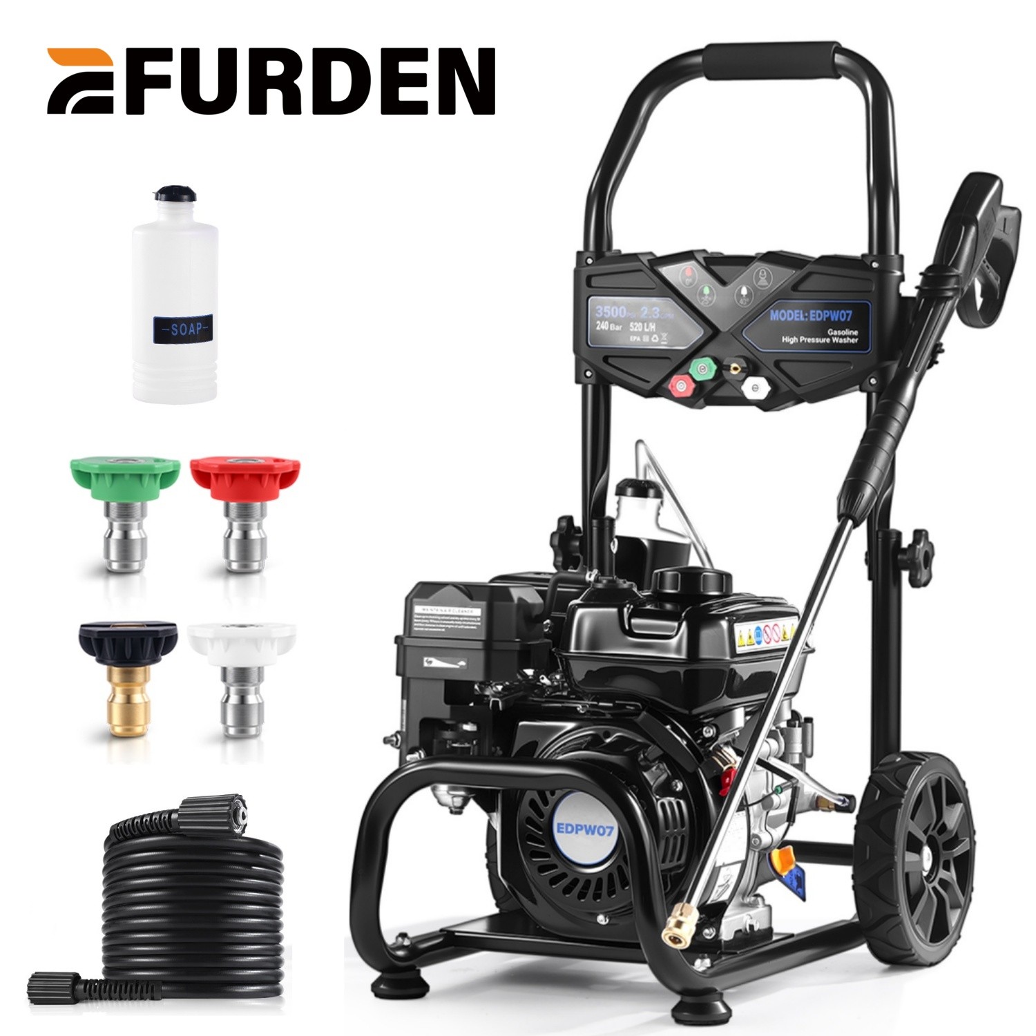 Efurden Gas Pressure Washer 3500 PSI 2.3 GPM 4 Nozzles Soap Tank for Cars Floor