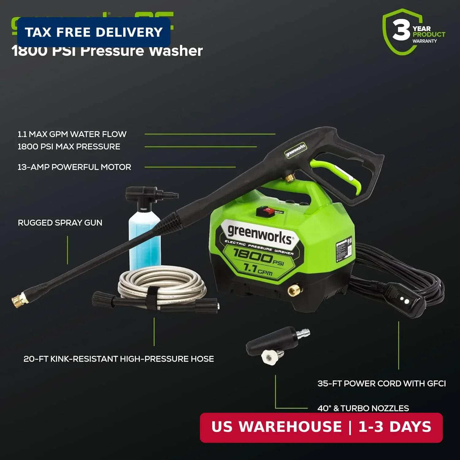 Greenworks 1800 PSI (1.1 GPM) Electric Pressure Washer PWMA Certified