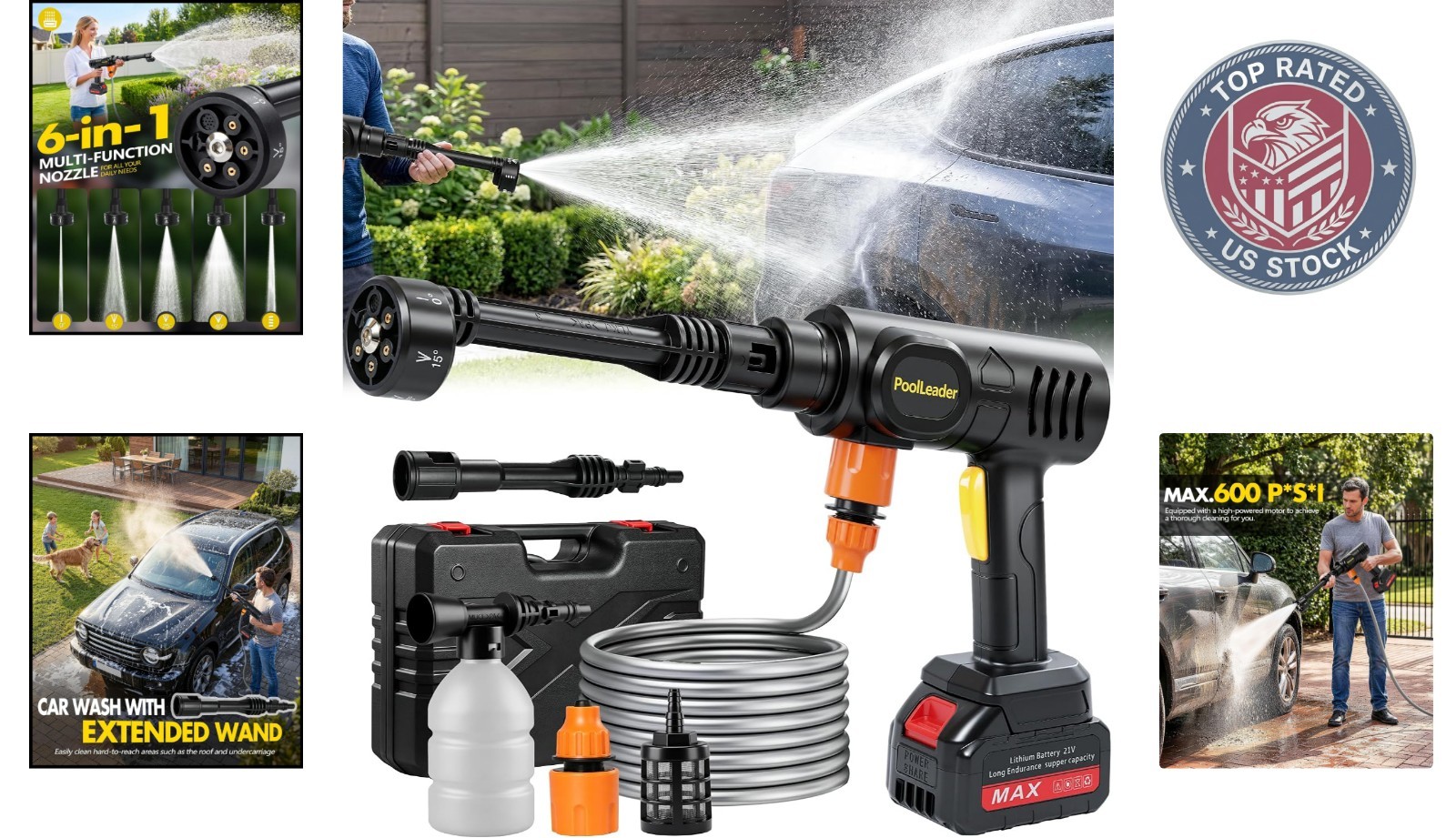Cordless Car Cleaning Tool – 6-in-1 Nozzle & Foam Cannon for Portable Wash