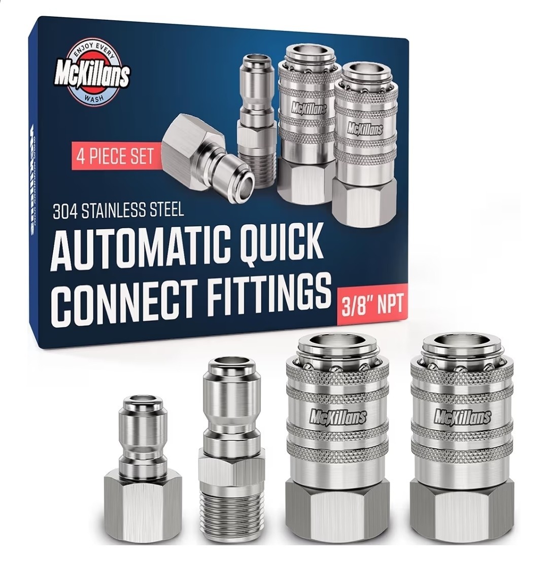 McKillans 3/8″ NPT Automatic Pressure Washer Quick Connect Kit of 4 – Stainl