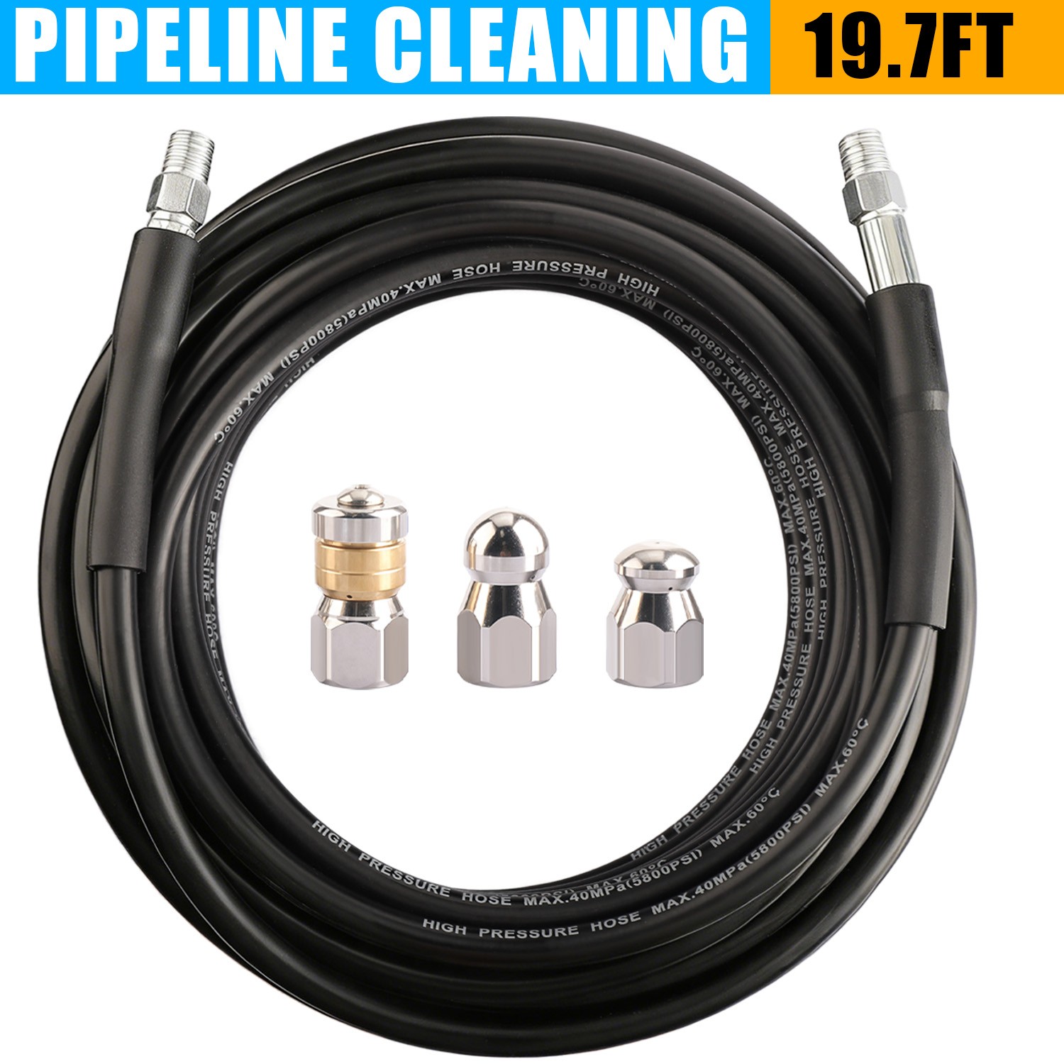 5800PSI Sewer Jetter Nozzles Kit 32FT Drain Cleaning Hose for Pressure Washer